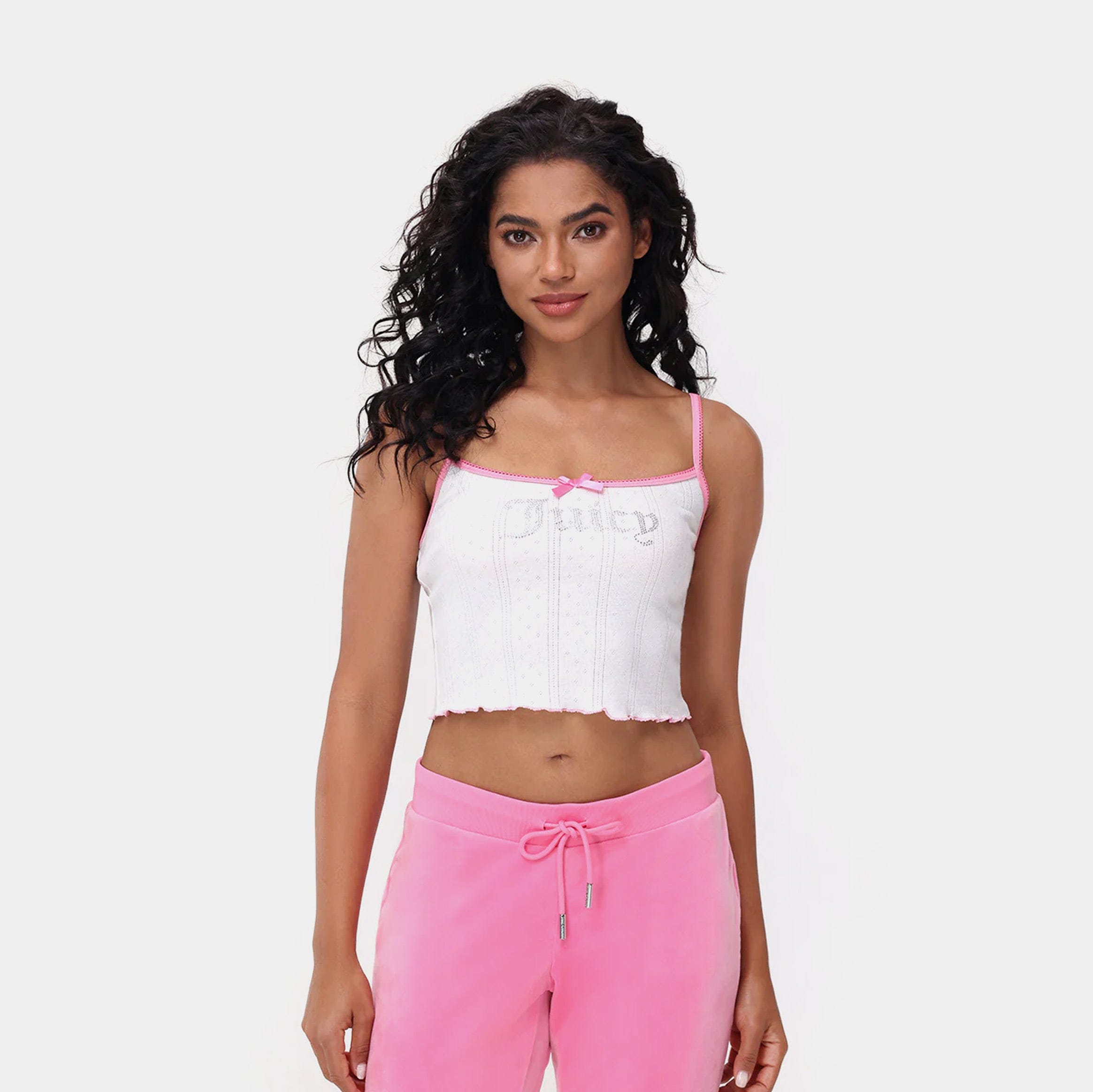 JUICY Couture Pointelle Bow Cropped Womens Tank (White/Pink)