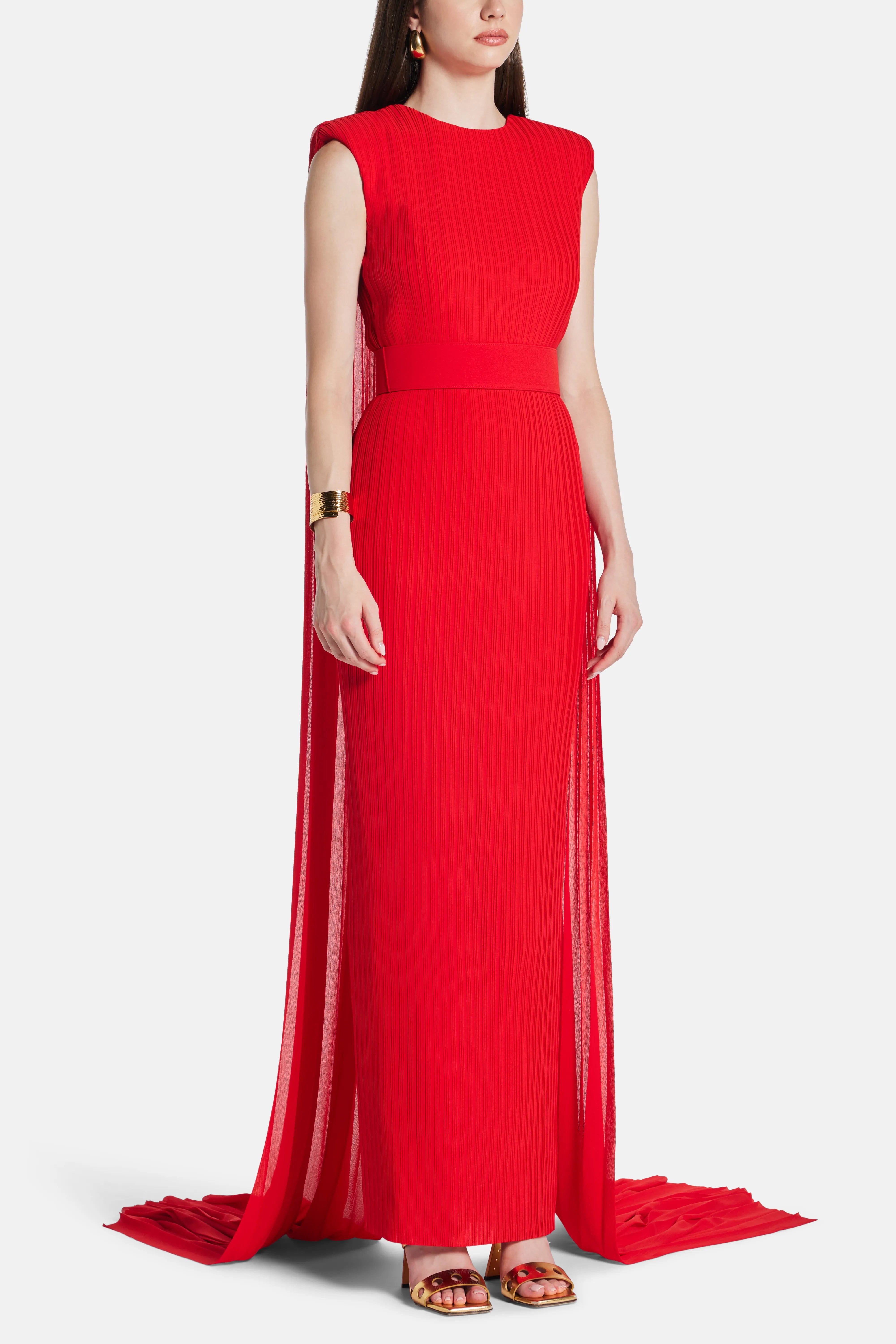 Solace London Tavia Sleeveless Cape Evening Gown in Red