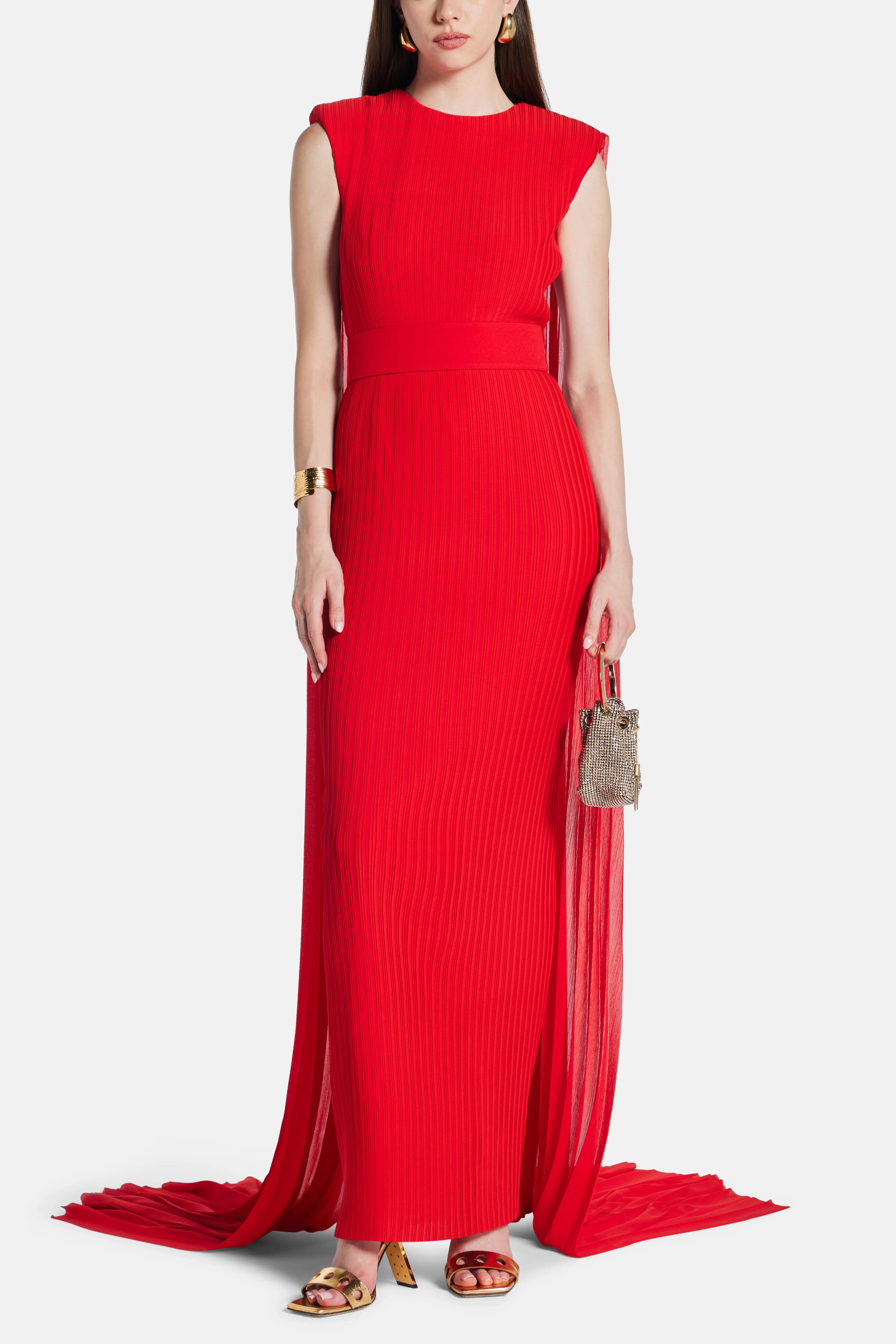 Solace London Tavia Sleeveless Cape Evening Gown in Red