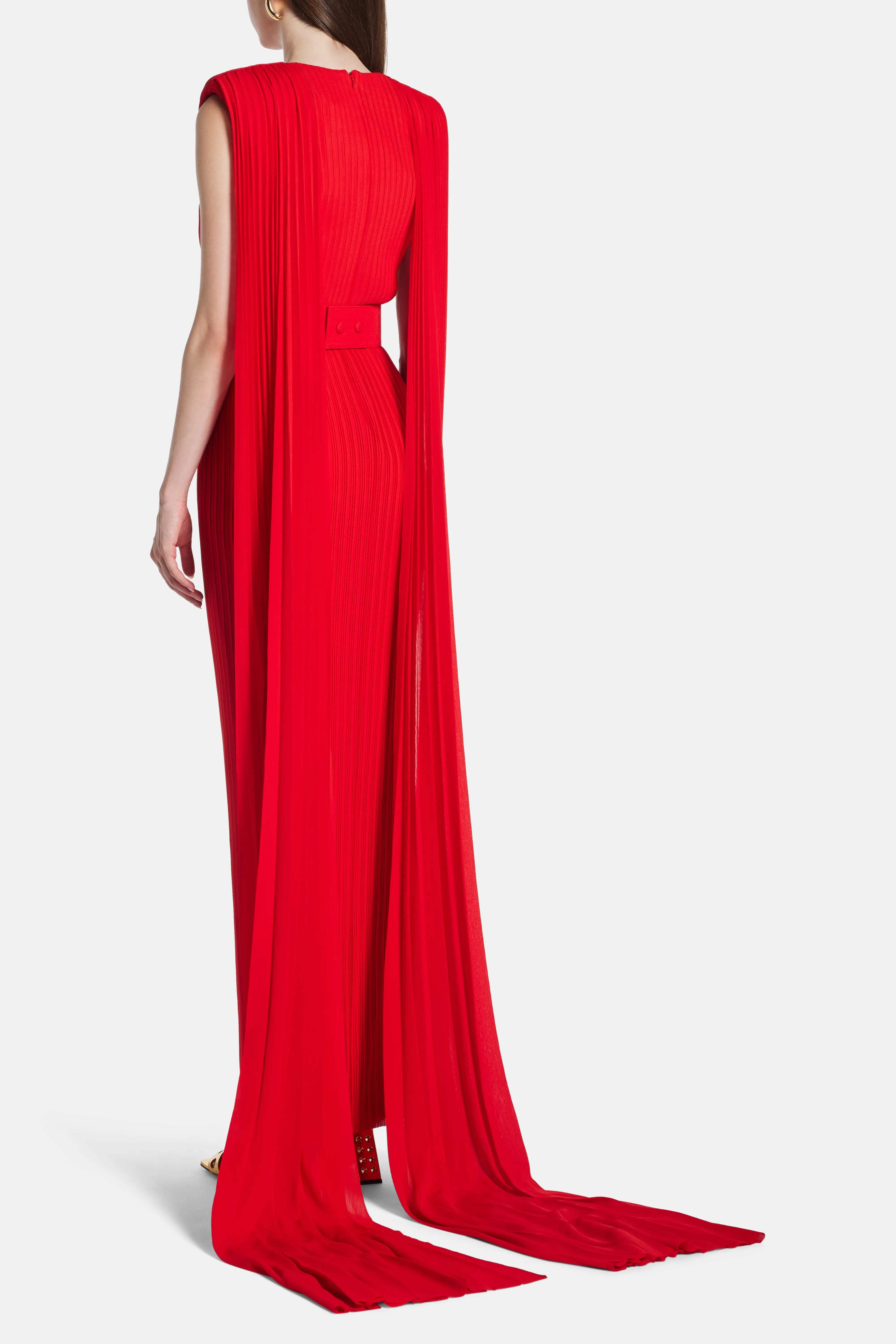 Solace London Tavia Sleeveless Cape Evening Gown in Red