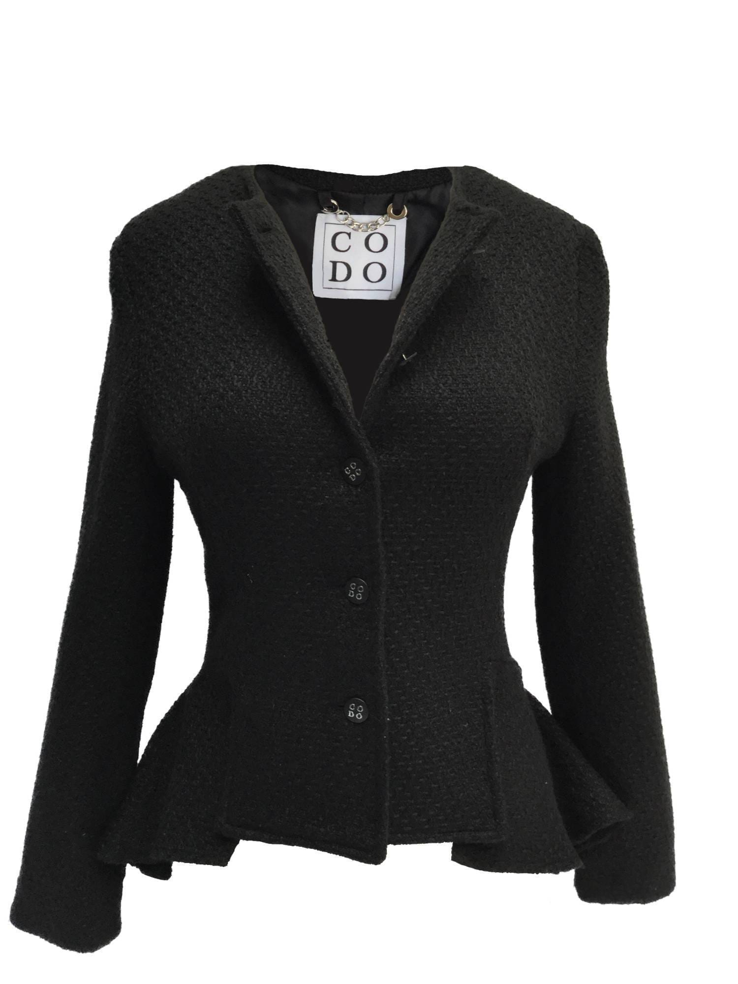 High CODO Tweed Fitted High Low Ruffled Jacket Black