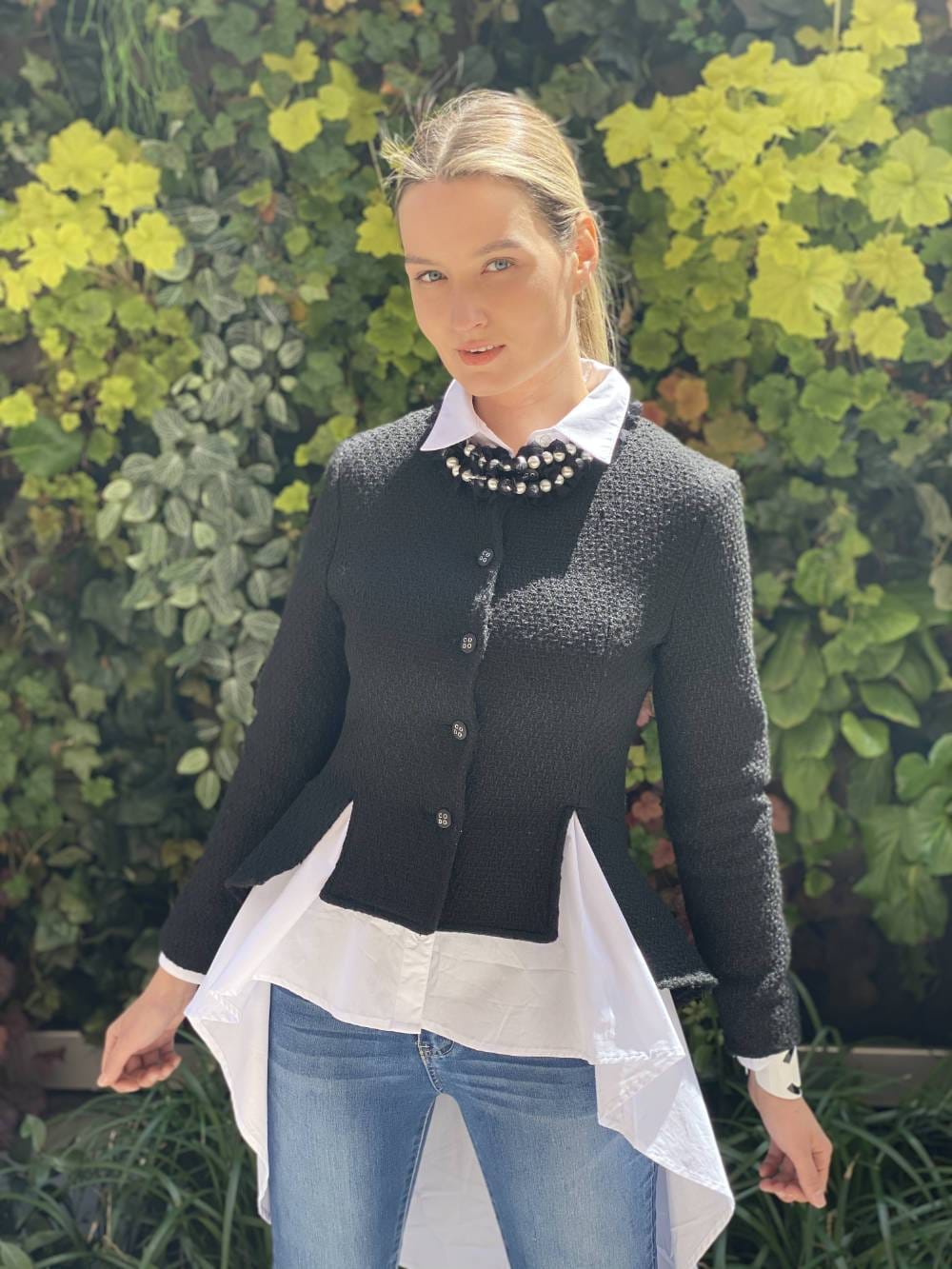 High CODO Tweed Fitted High Low Ruffled Jacket Black