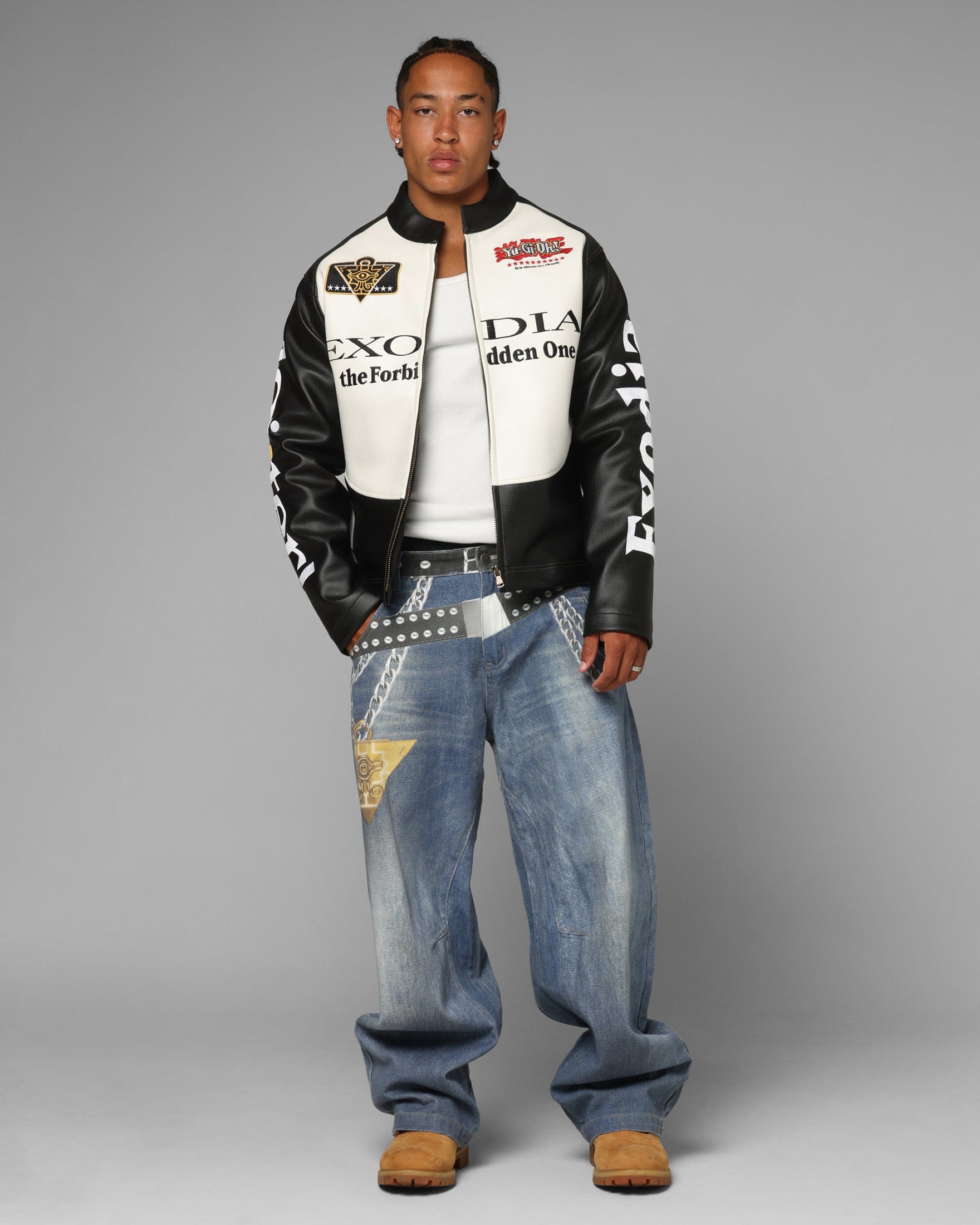 Loiter x Yu - Gi - Oh! Exodia Biker Jacket Black/Off White