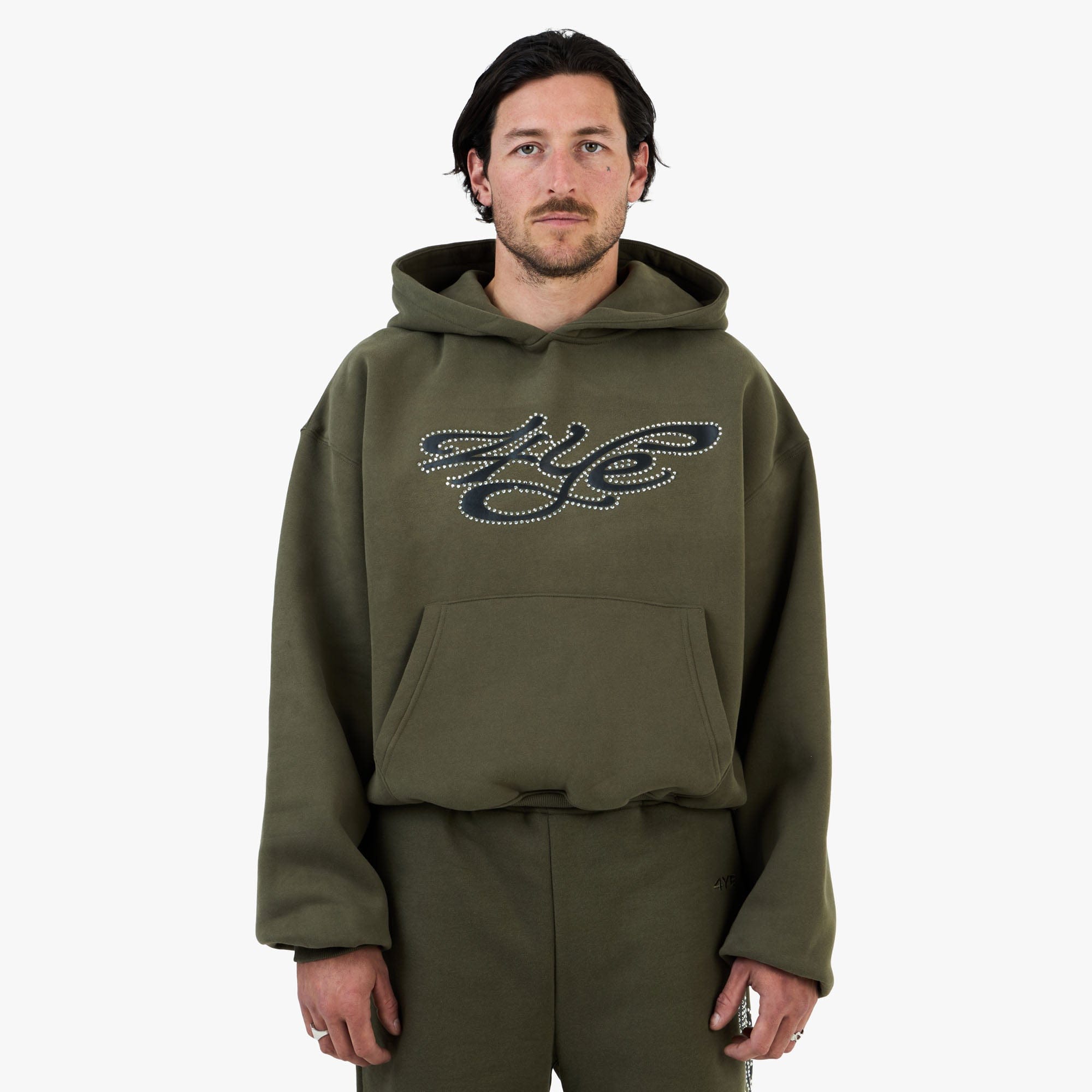 4YE Signature Rhinestone Hoodie / Olive Green