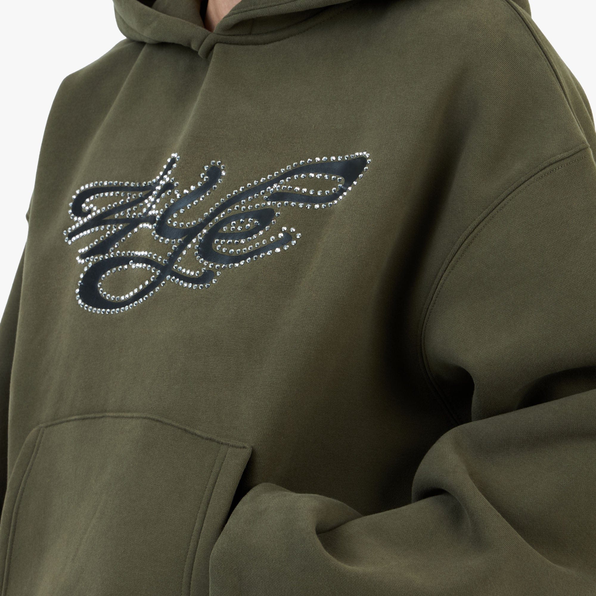 4YE Signature Rhinestone Hoodie / Olive Green