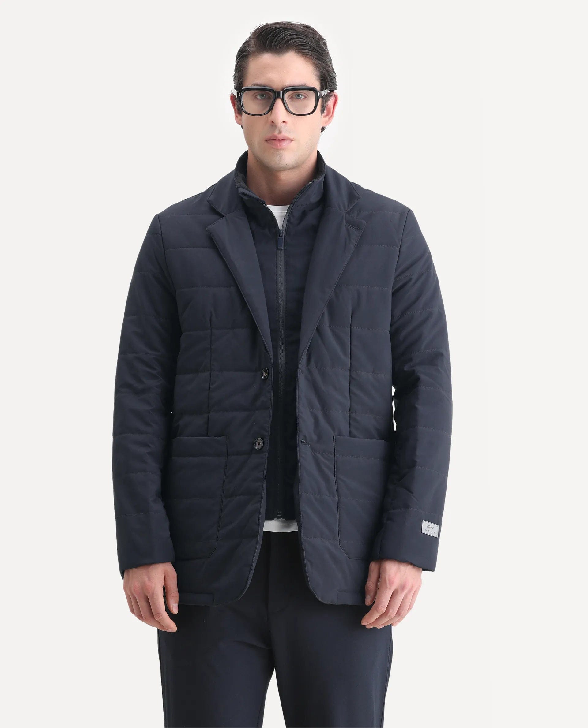 RARE Rabbit Men's Alter Navy Polyester Plain Regular Fit Full Sleeve Lapel Neck Jacket