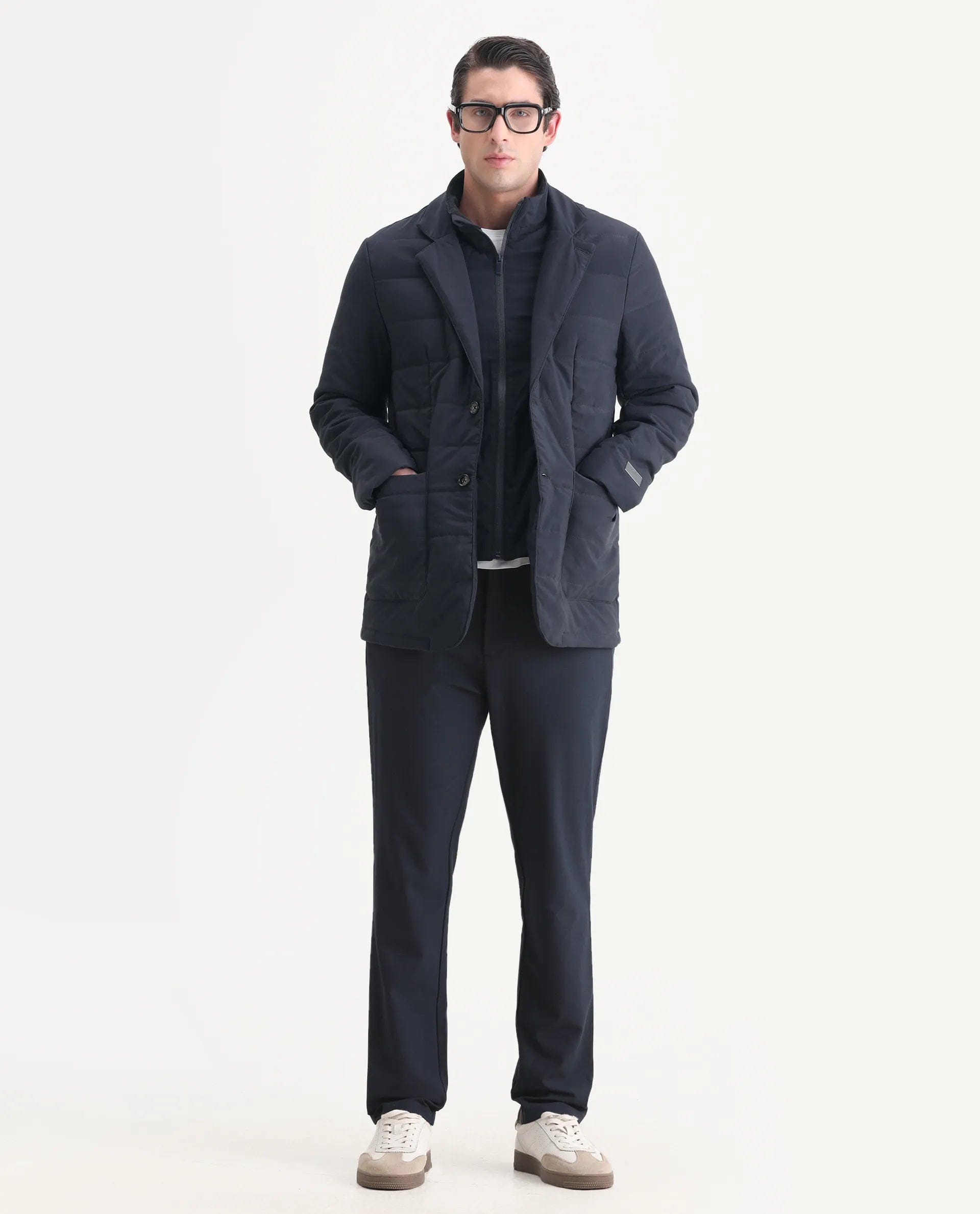 RARE Rabbit Men's Alter Navy Polyester Plain Regular Fit Full Sleeve Lapel Neck Jacket