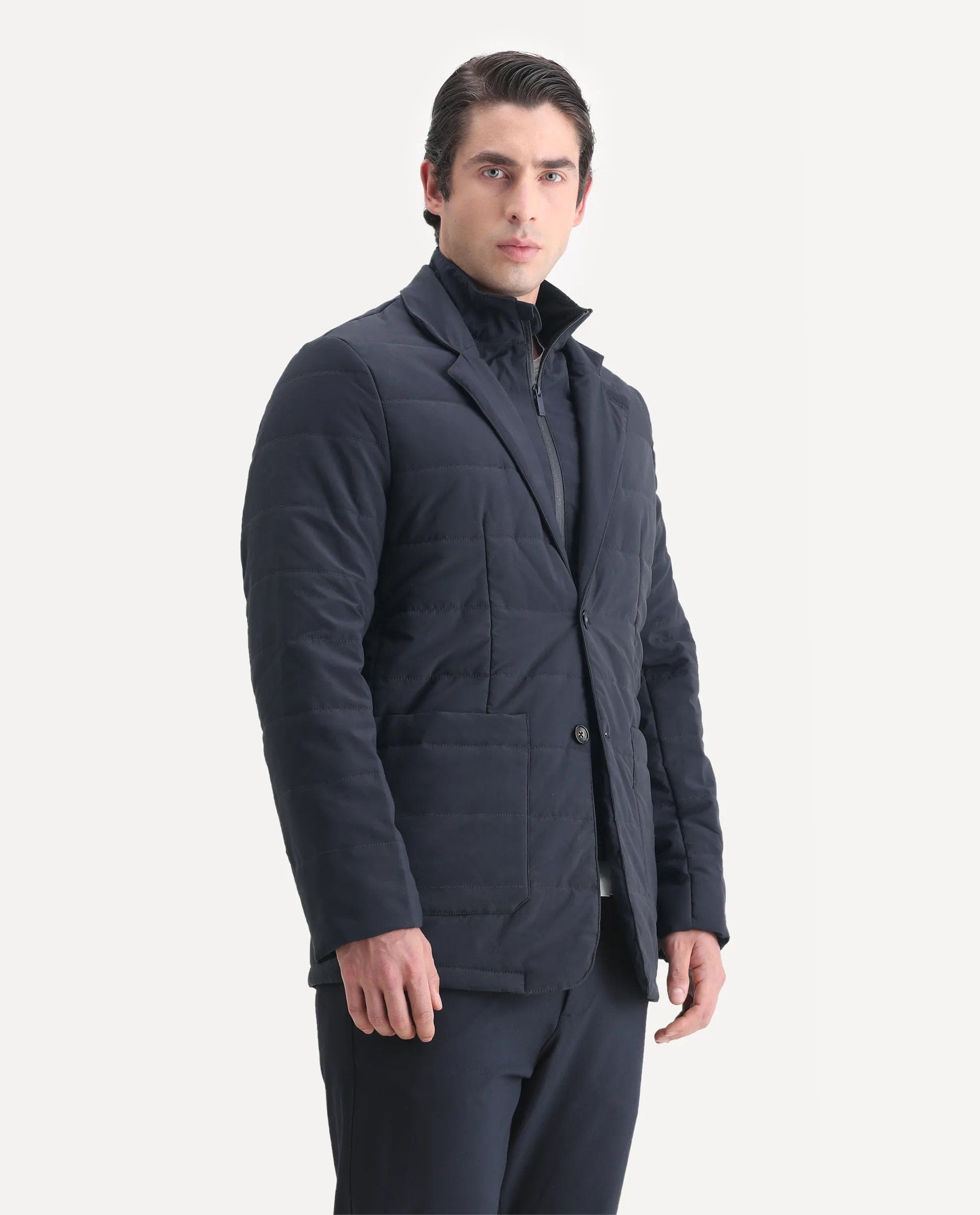 RARE Rabbit Men's Alter Navy Polyester Plain Regular Fit Full Sleeve Lapel Neck Jacket