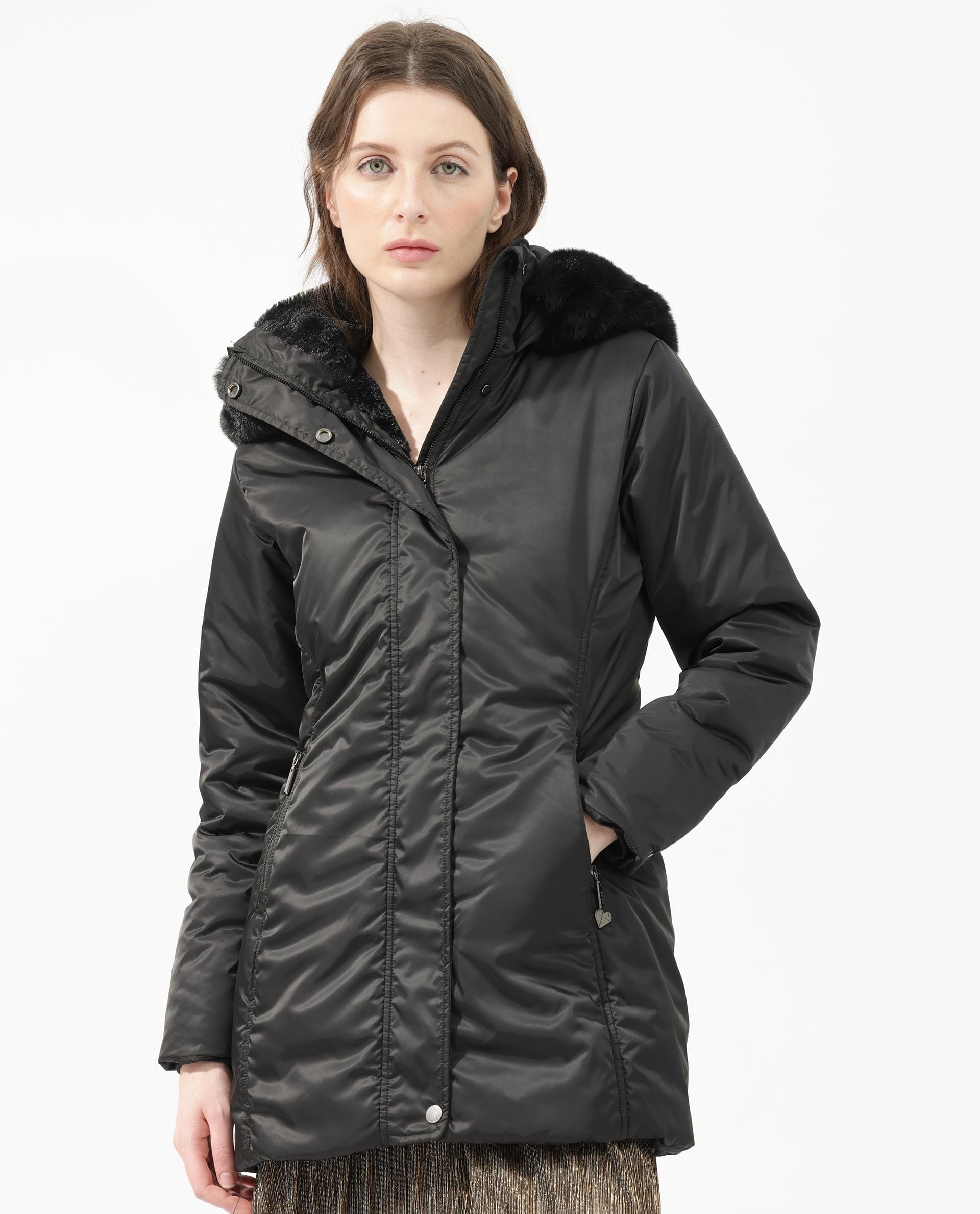 Rareism Women's Angena Black Polyester Hooded Plain Regular Fit Jacket