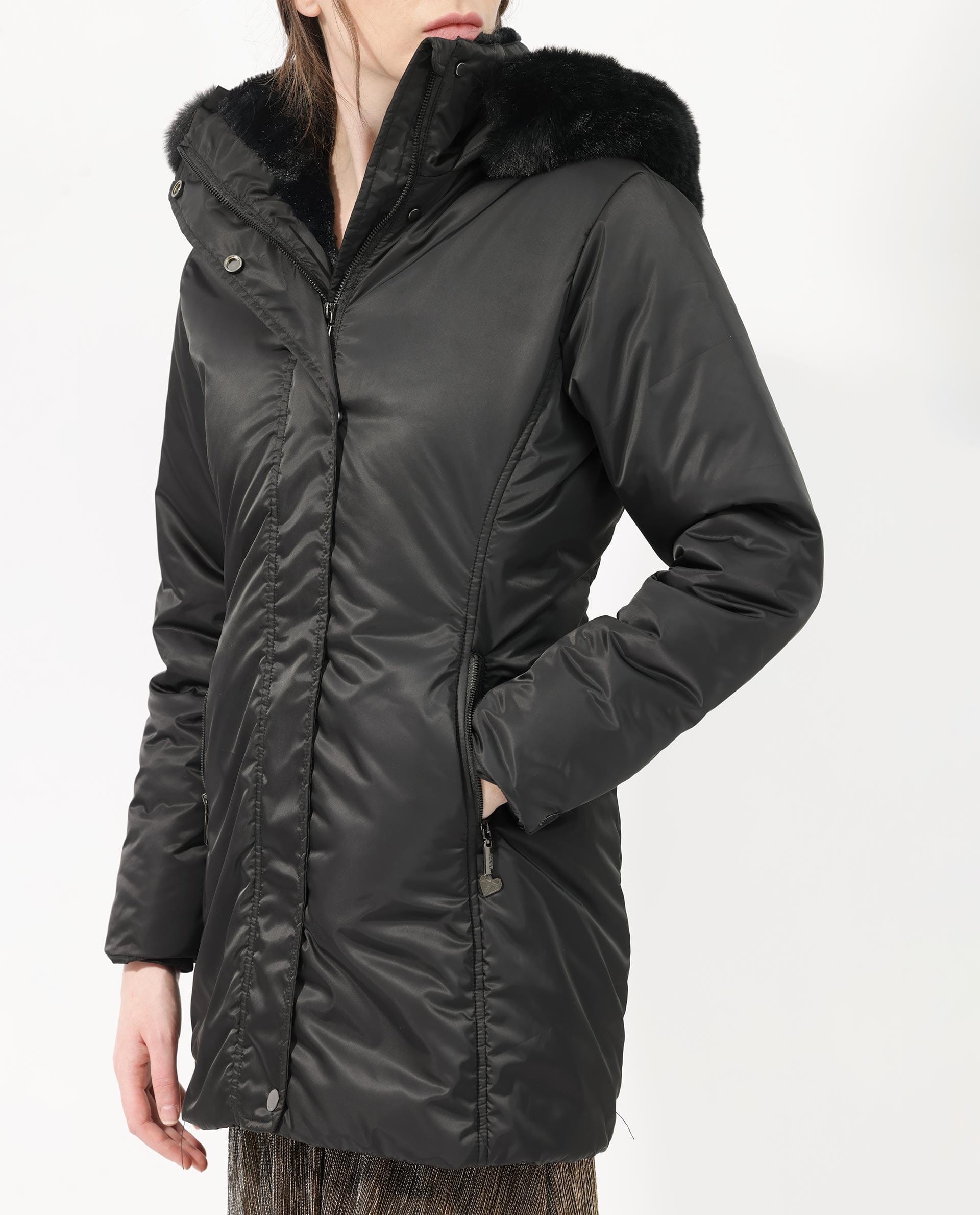 Rareism Women's Angena Black Polyester Hooded Plain Regular Fit Jacket
