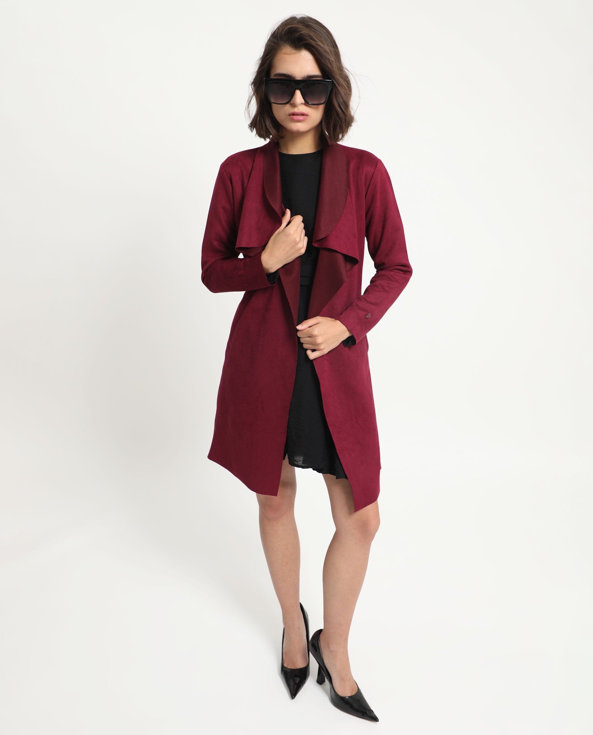 Rareism Women's Palmer 1 Maroon Polyester Cutaway Collar Plain Knee Length Relaxed Fit Jacket