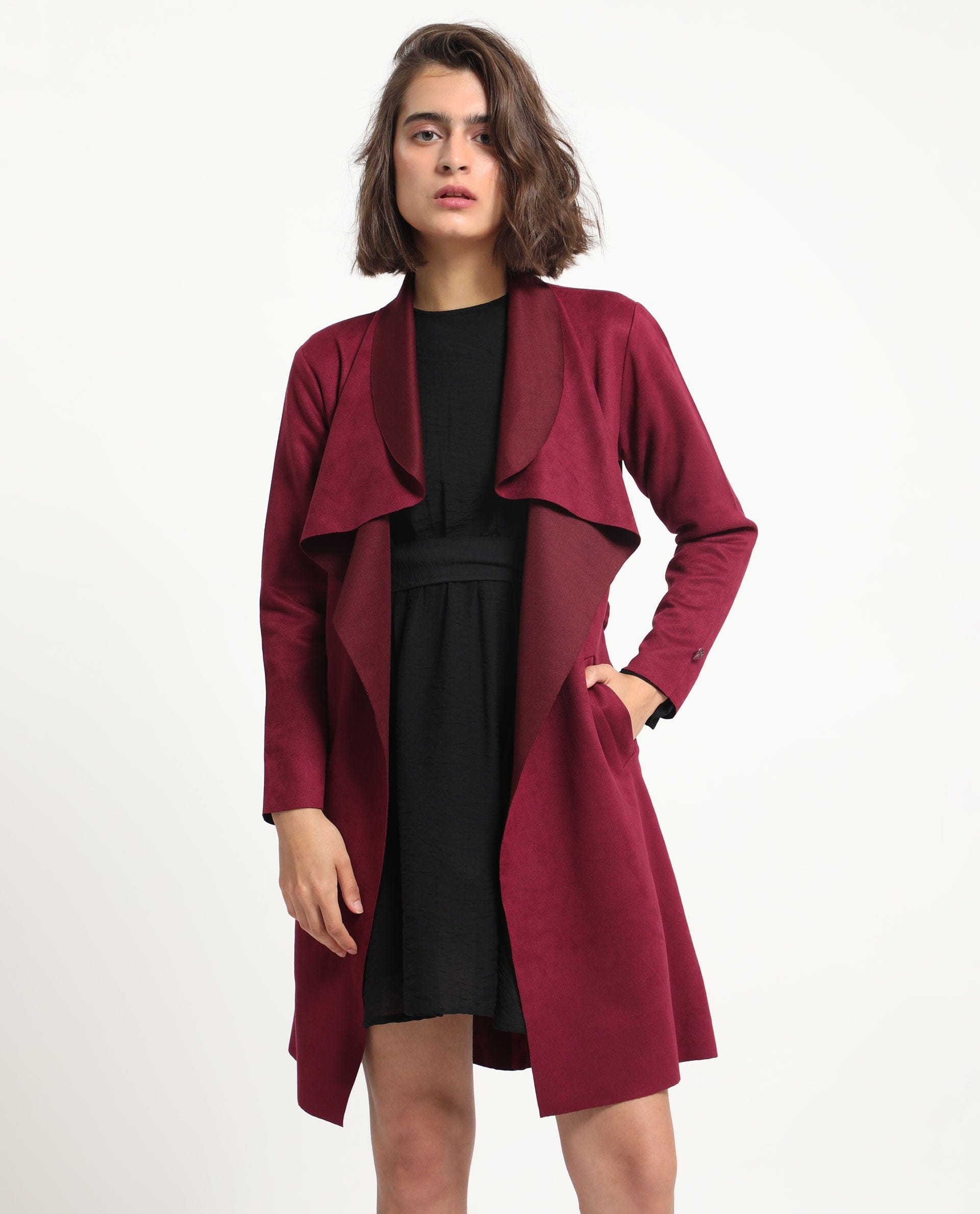 Rareism Women's Palmer 1 Maroon Polyester Cutaway Collar Plain Knee Length Relaxed Fit Jacket