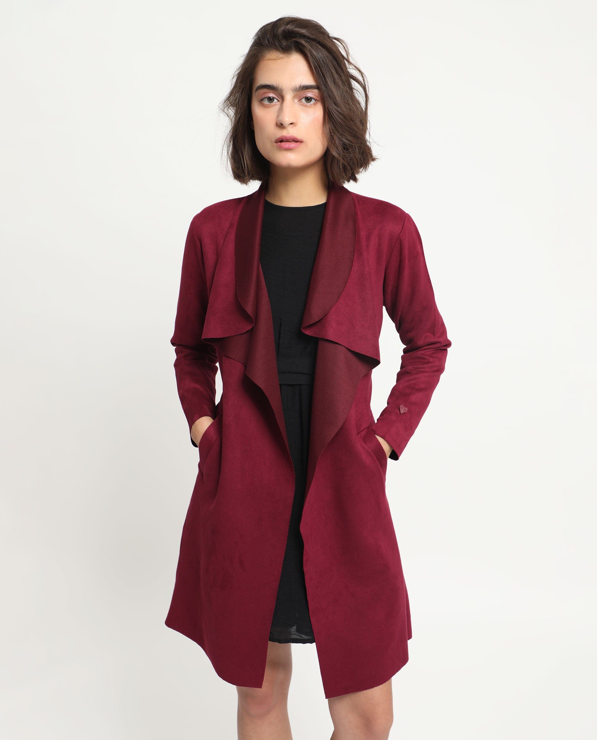 Rareism Women's Palmer 1 Maroon Polyester Cutaway Collar Plain Knee Length Relaxed Fit Jacket