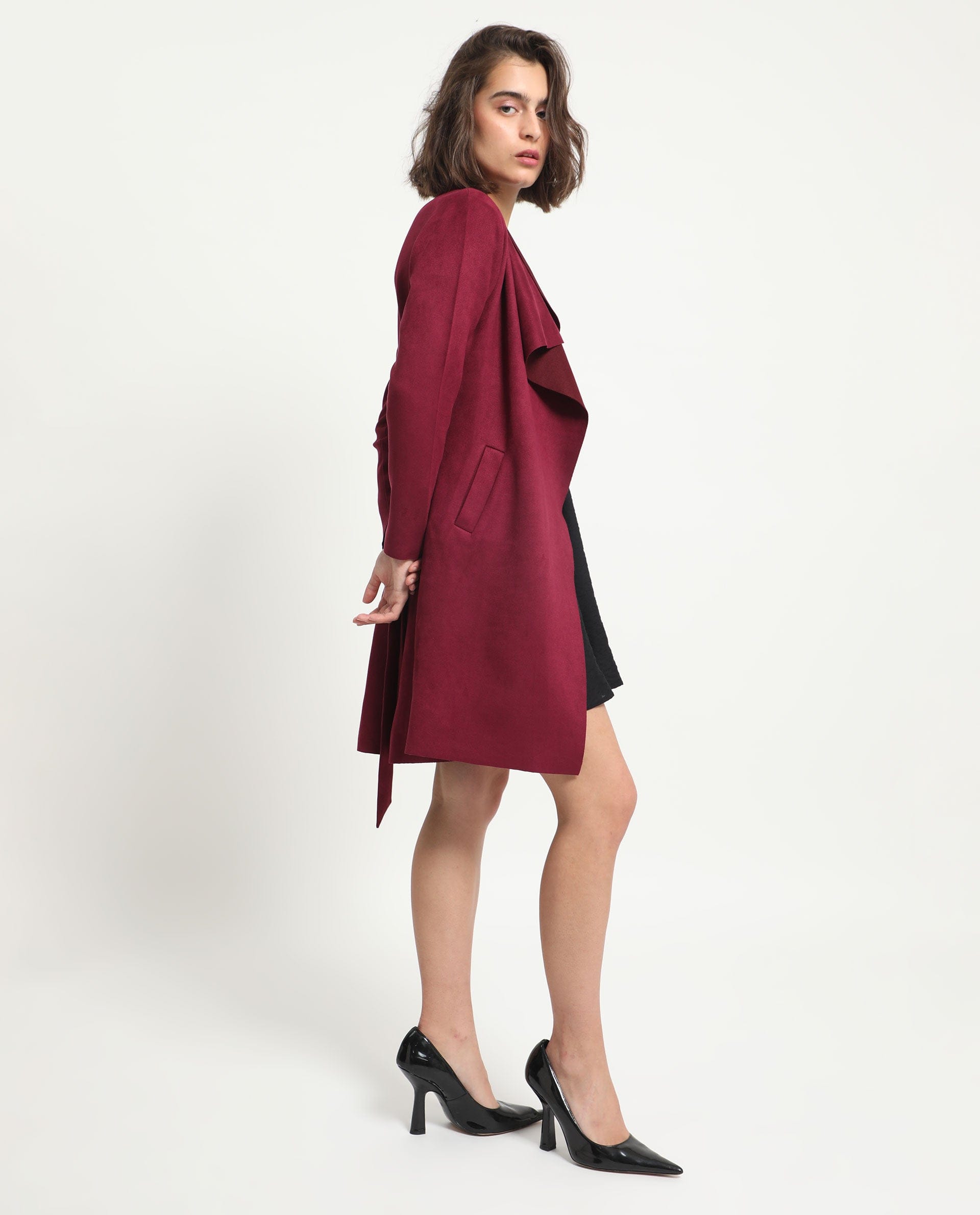 Rareism Women's Palmer 1 Maroon Polyester Cutaway Collar Plain Knee Length Relaxed Fit Jacket