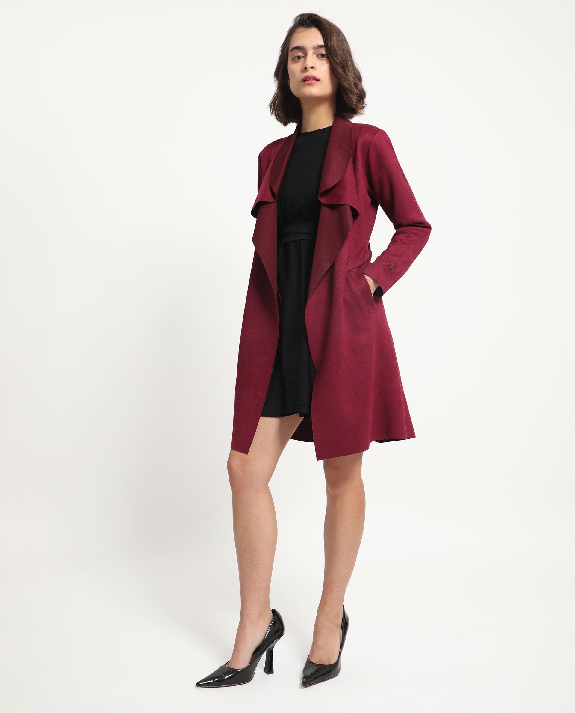 Rareism Women's Palmer 1 Maroon Polyester Cutaway Collar Plain Knee Length Relaxed Fit Jacket