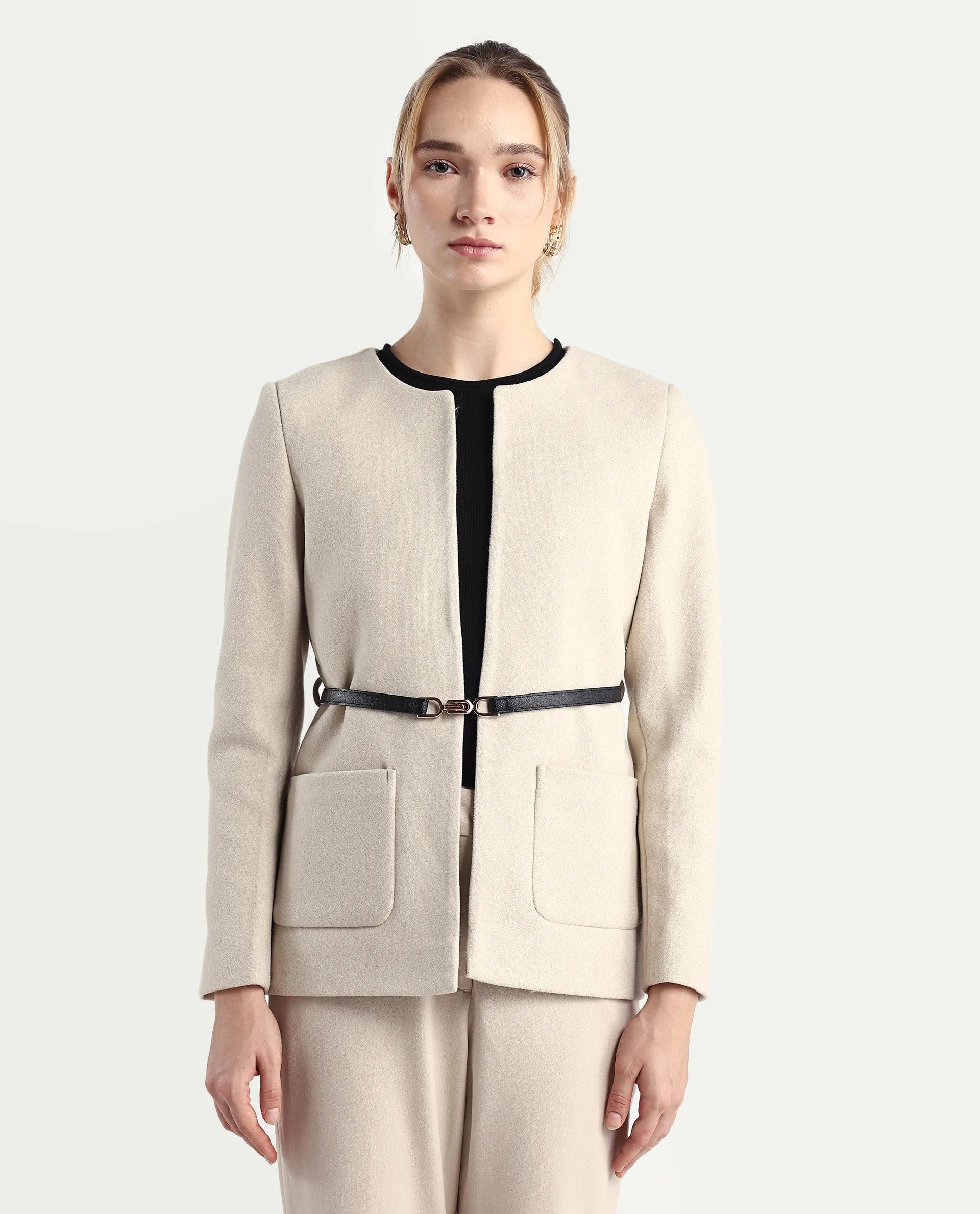 Rareism Women's Nexmar Off White Polyester Blend Jacket Plain Jacket