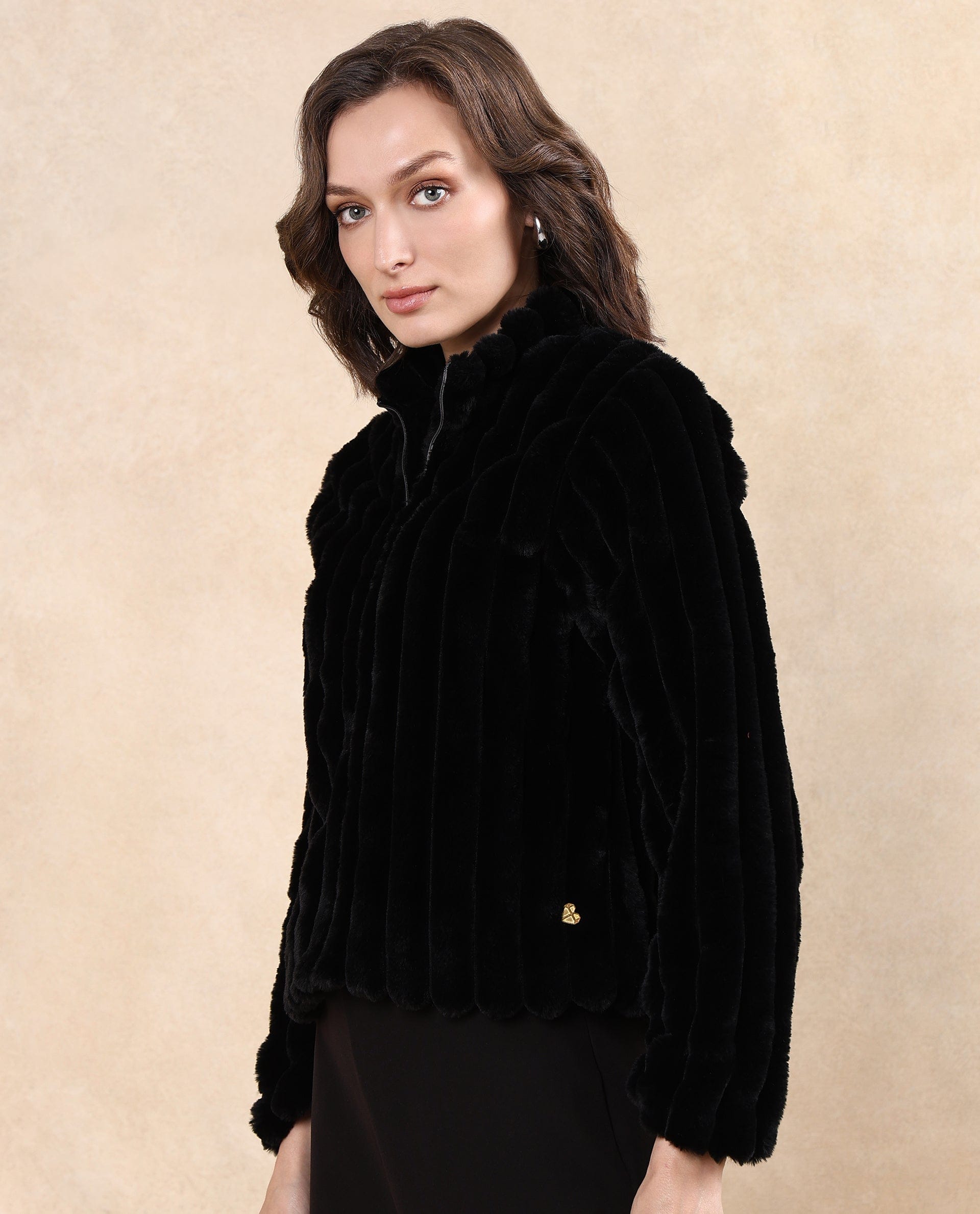 Rareism Women's Armidale Black Polyester Blend Blend Mandarin Collar Plain Regular Fit Jacket