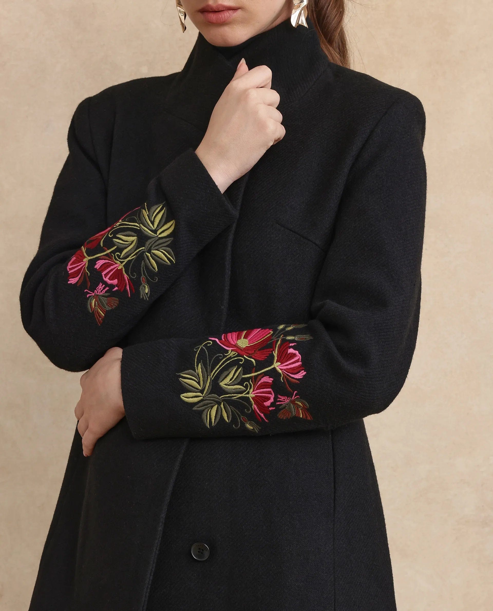 Rareism Women's Monch Black Overlap Neck Plain Midi Straight Fit Jacket