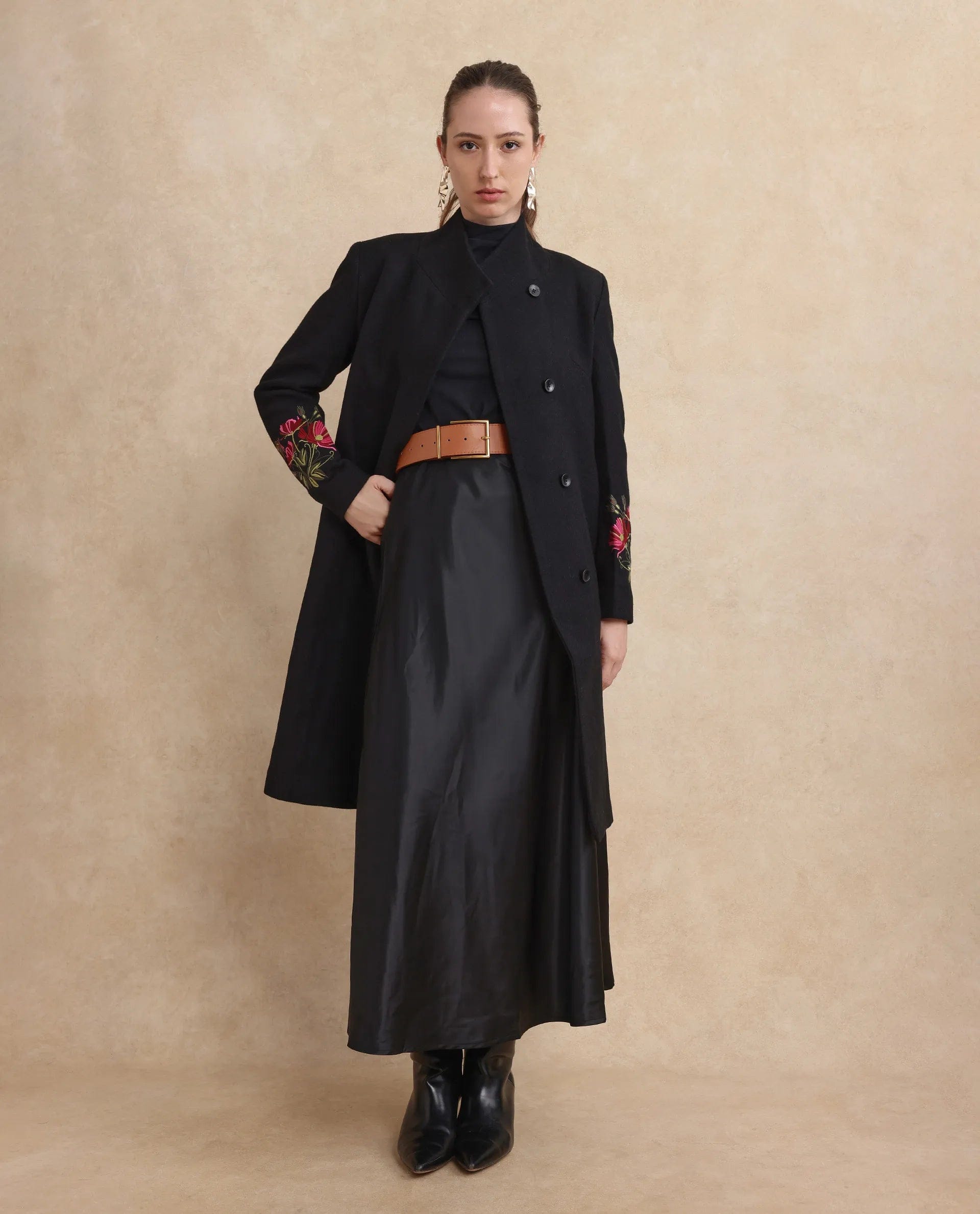 Rareism Women's Monch Black Overlap Neck Plain Midi Straight Fit Jacket
