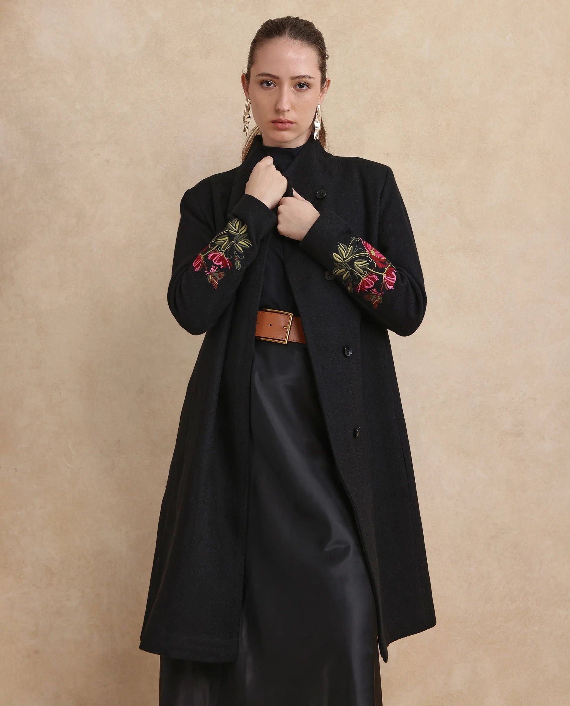 Rareism Women's Monch Black Overlap Neck Plain Midi Straight Fit Jacket