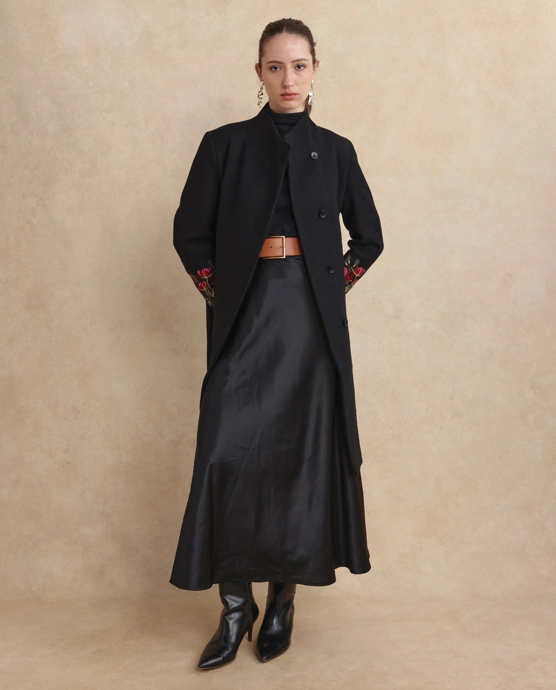 Rareism Women's Monch Black Overlap Neck Plain Midi Straight Fit Jacket