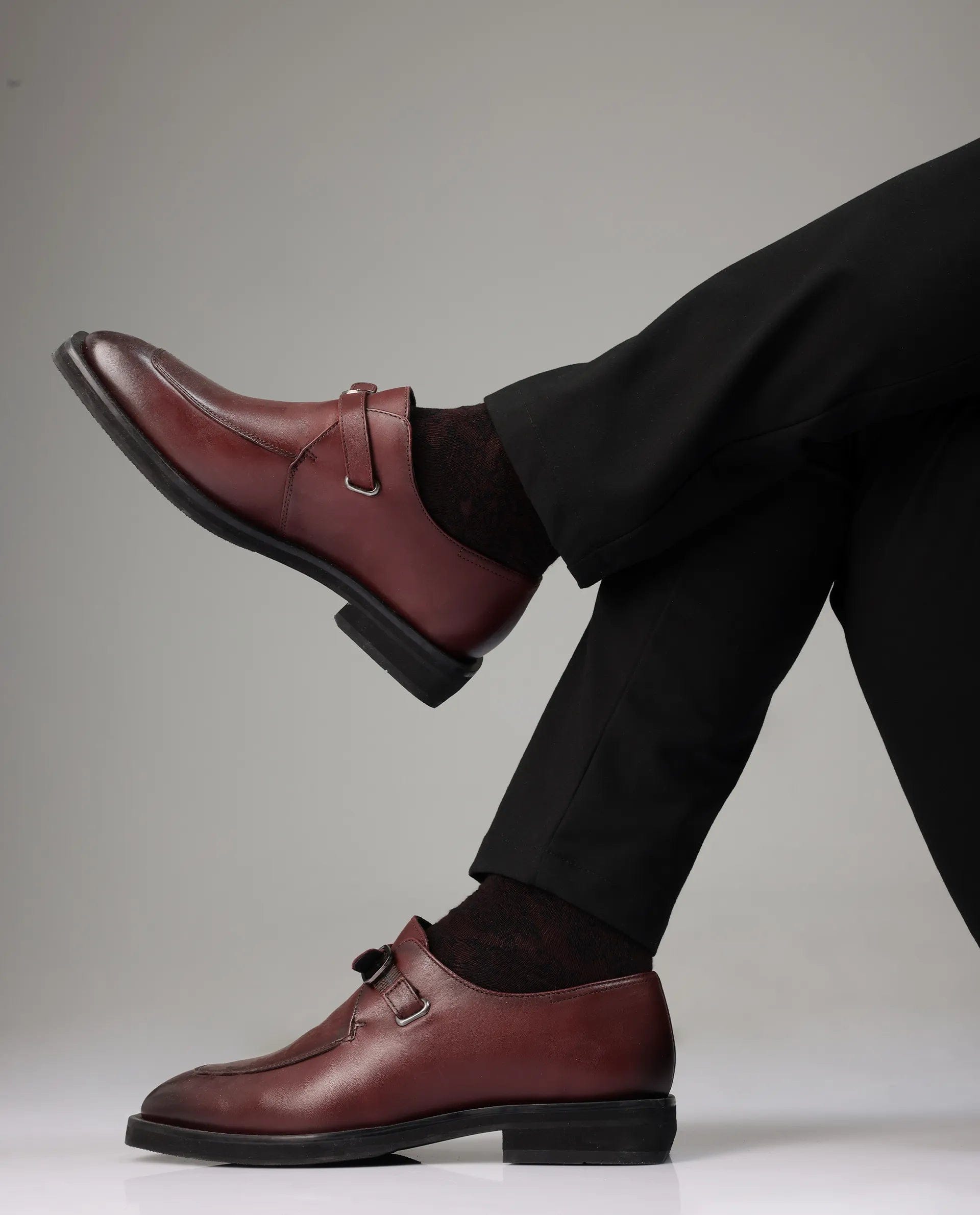 RAREZ Rare Rabbit Men Kai Maroon Genuine Leather Buckle Strap Slip - On Loafers