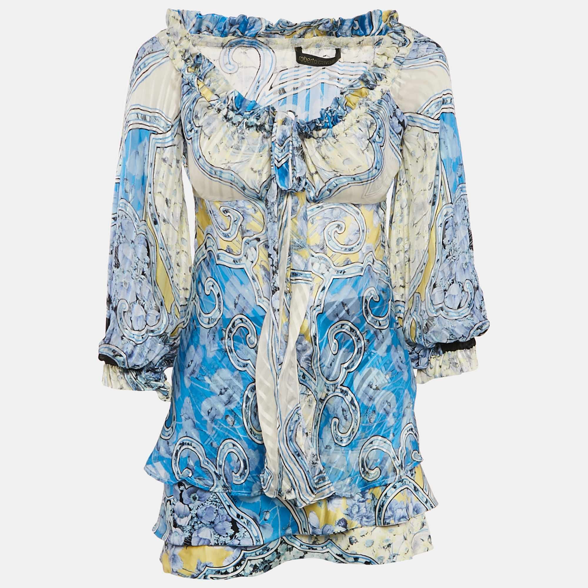Roberto Cavalli Multicolor Printed Tie - Up Top And Skirt Set