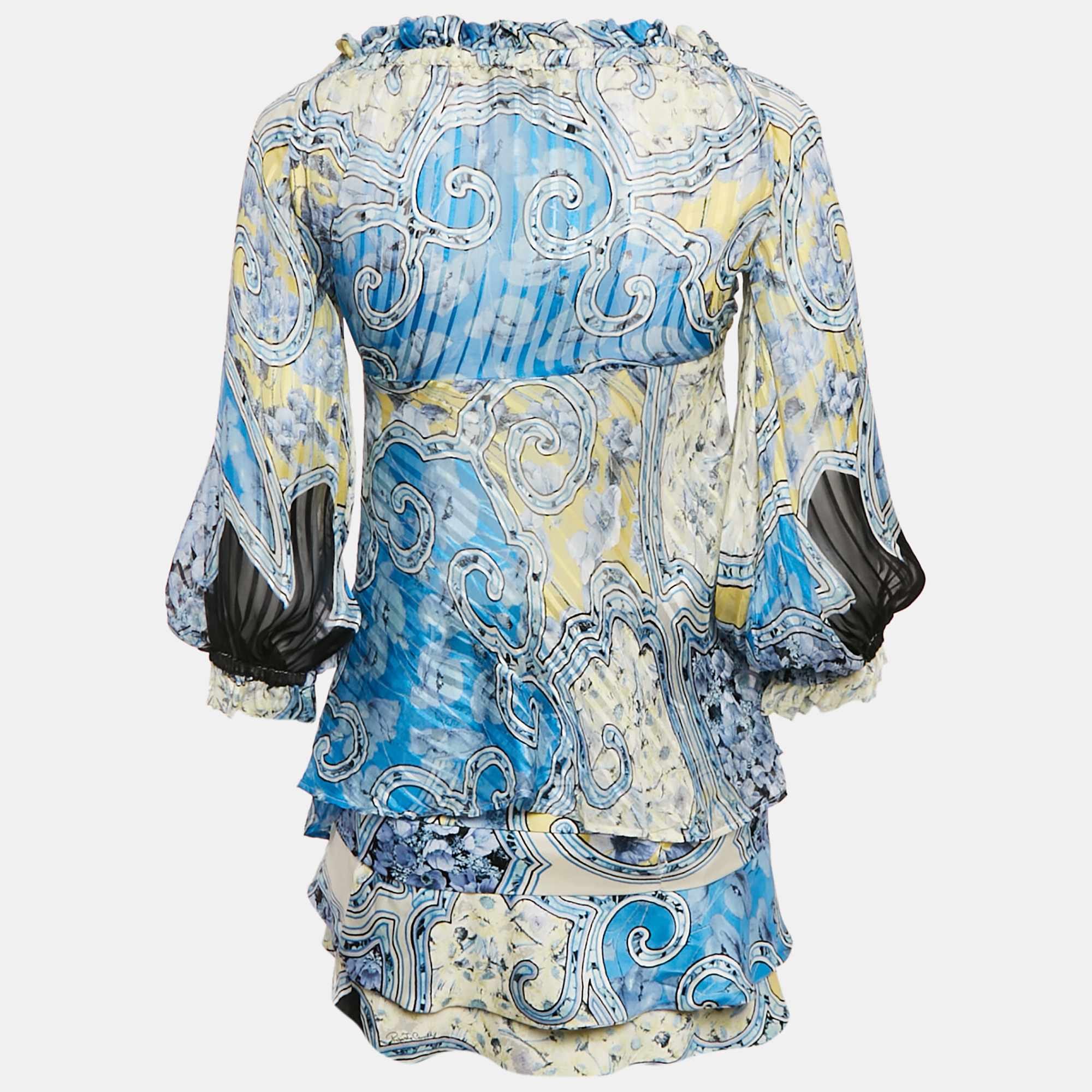 Roberto Cavalli Multicolor Printed Tie - Up Top And Skirt Set