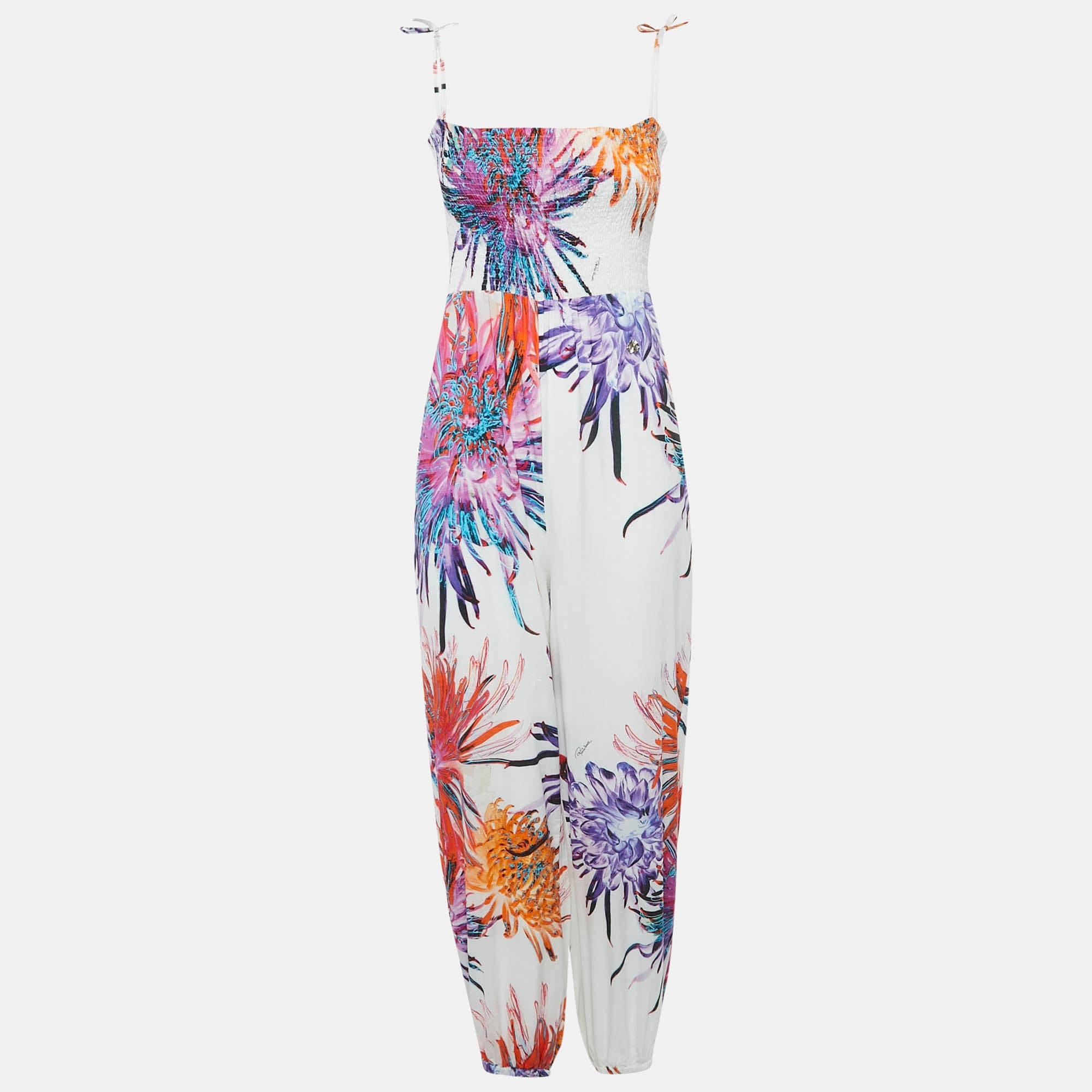 Roberto Cavalli White Floral Print Cotton Smock Detail Jumpsuit