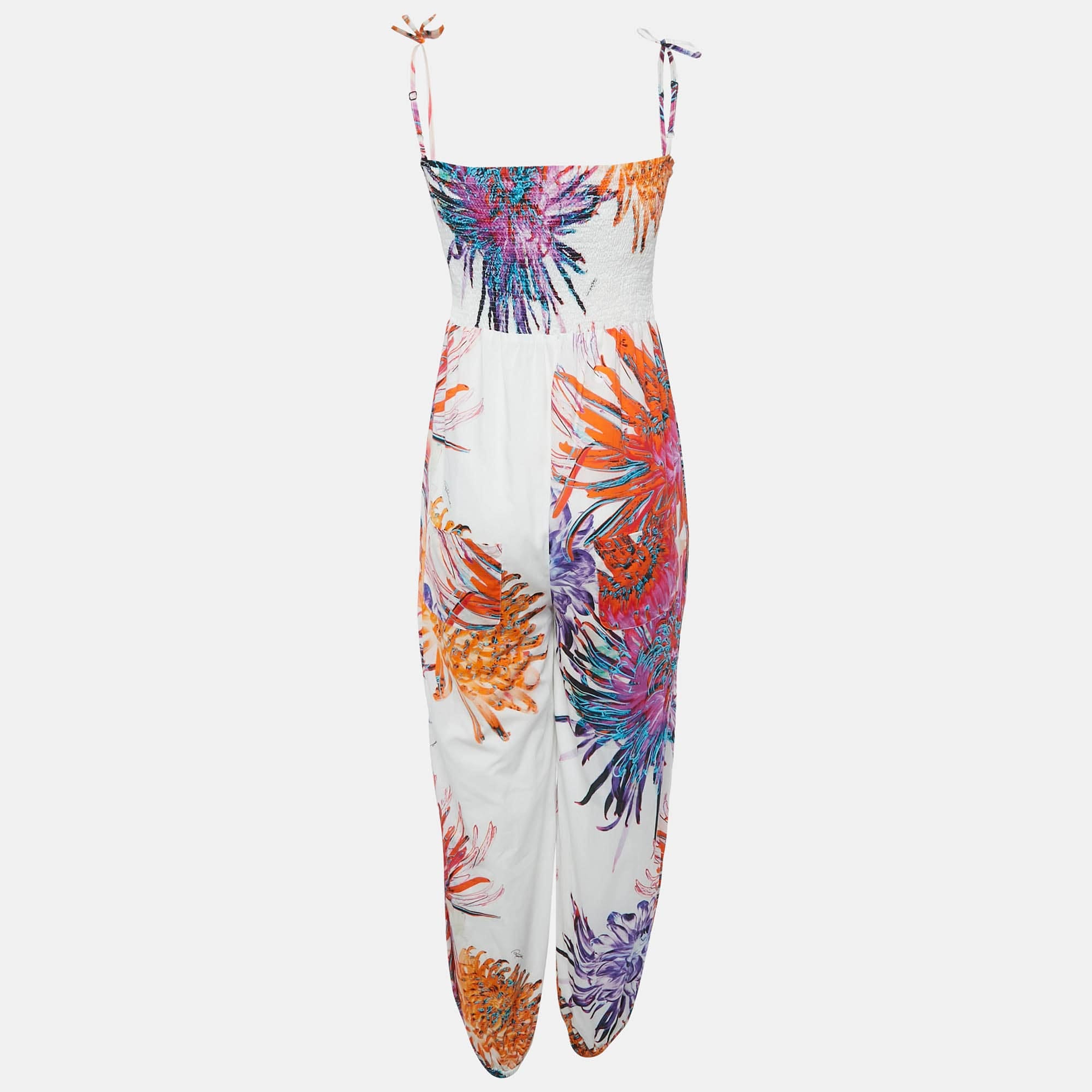 Roberto Cavalli White Floral Print Cotton Smock Detail Jumpsuit