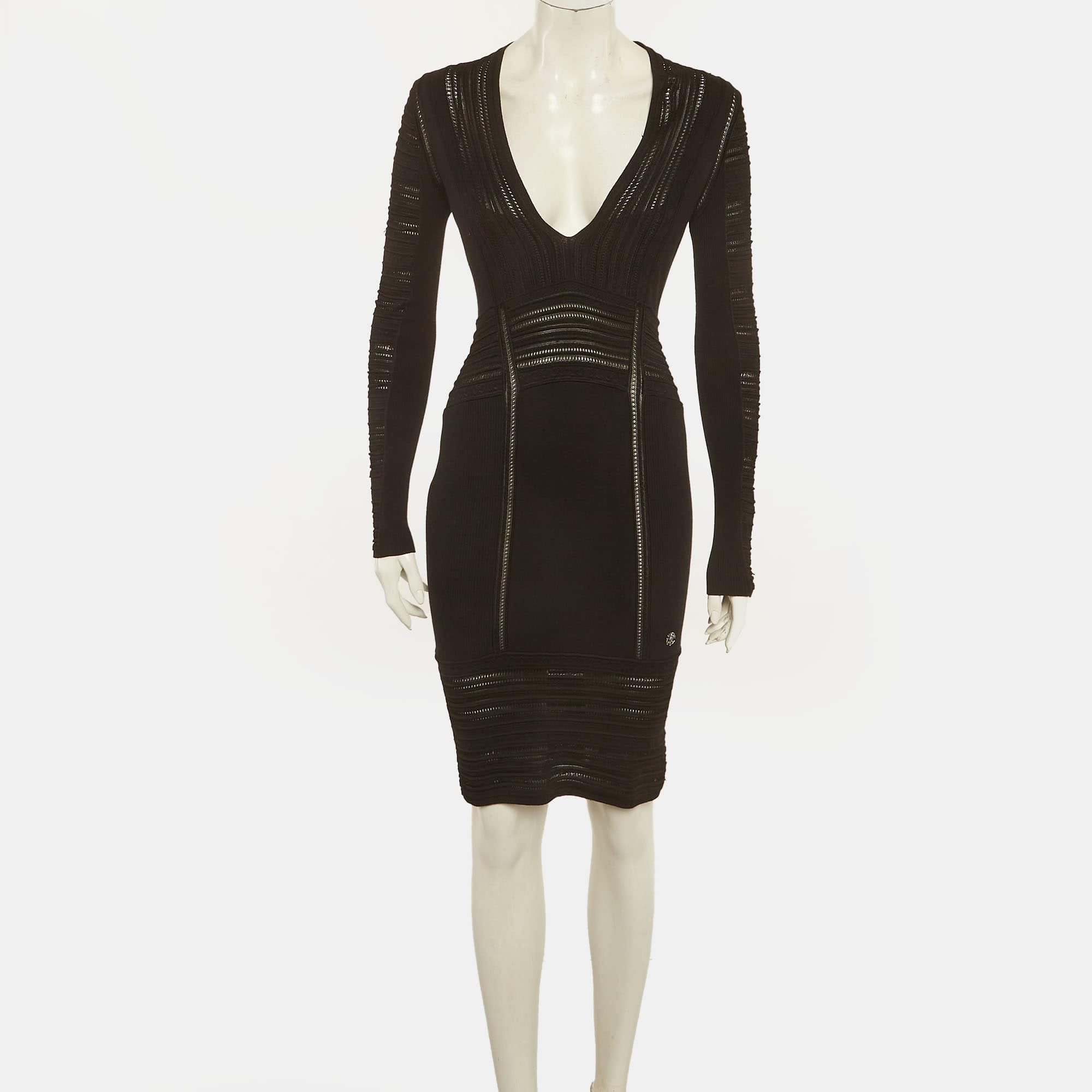 Roberto Cavalli Black Stretch Knit Long Sleeve Dress