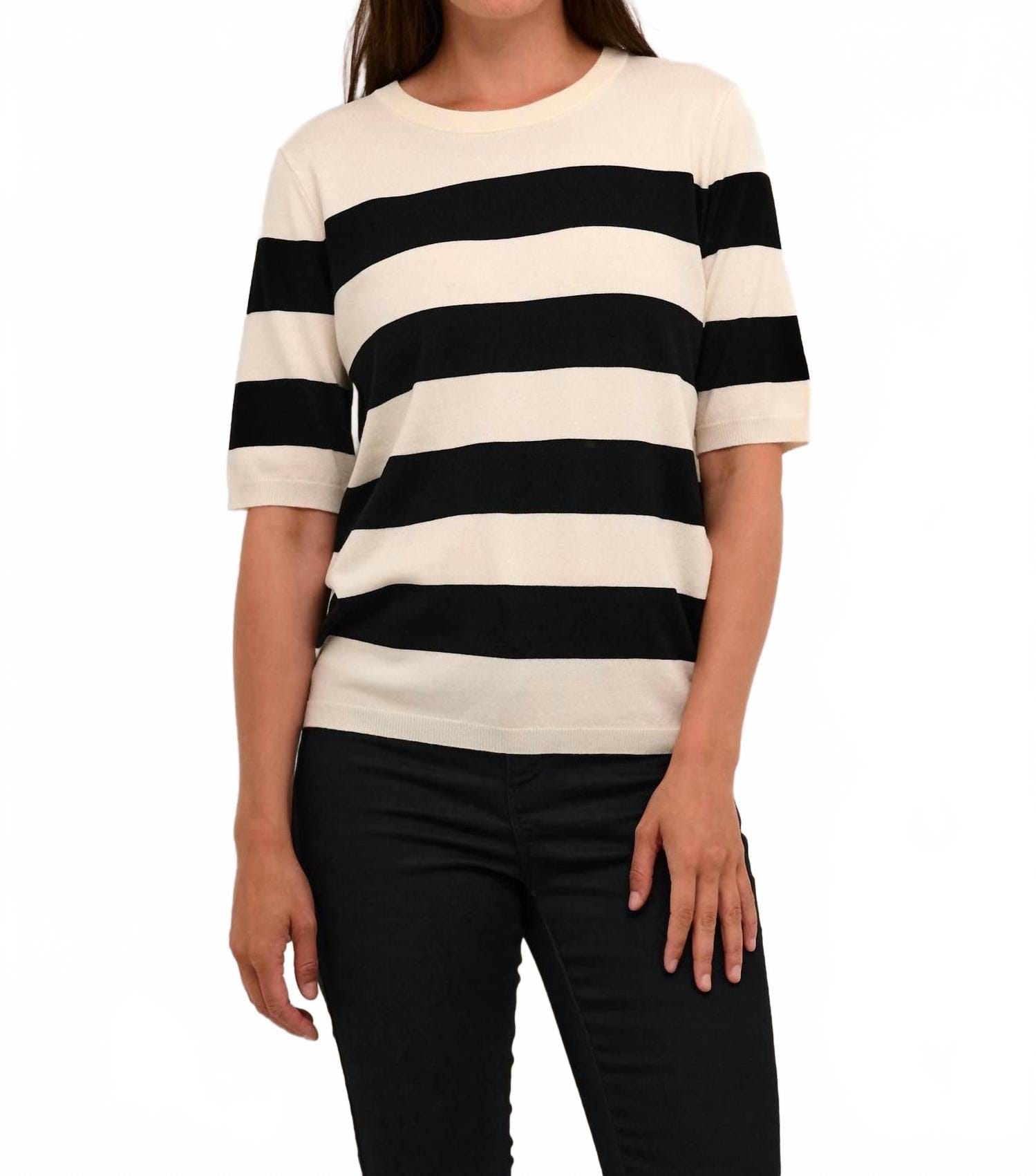 WHITE* Lizza Short Sleeve Stripes Pullover In Black And Lime White