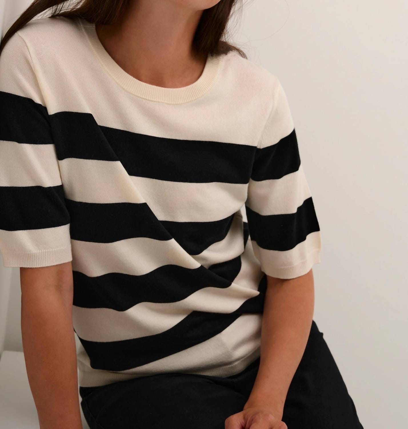 WHITE* Lizza Short Sleeve Stripes Pullover In Black And Lime White