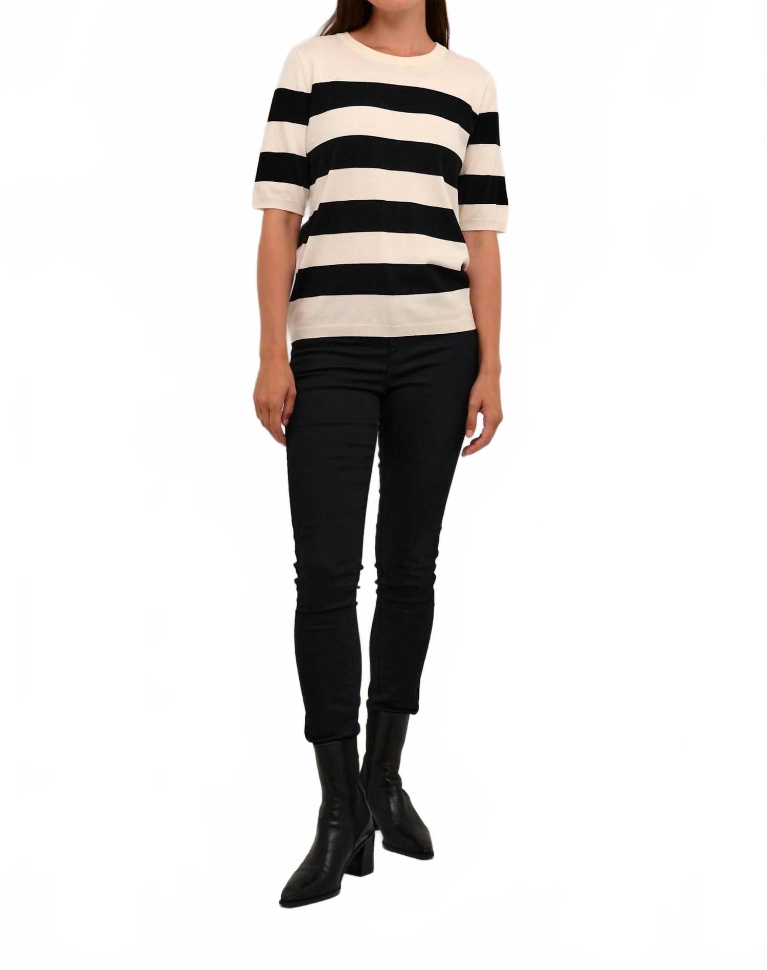 WHITE* Lizza Short Sleeve Stripes Pullover In Black And Lime White
