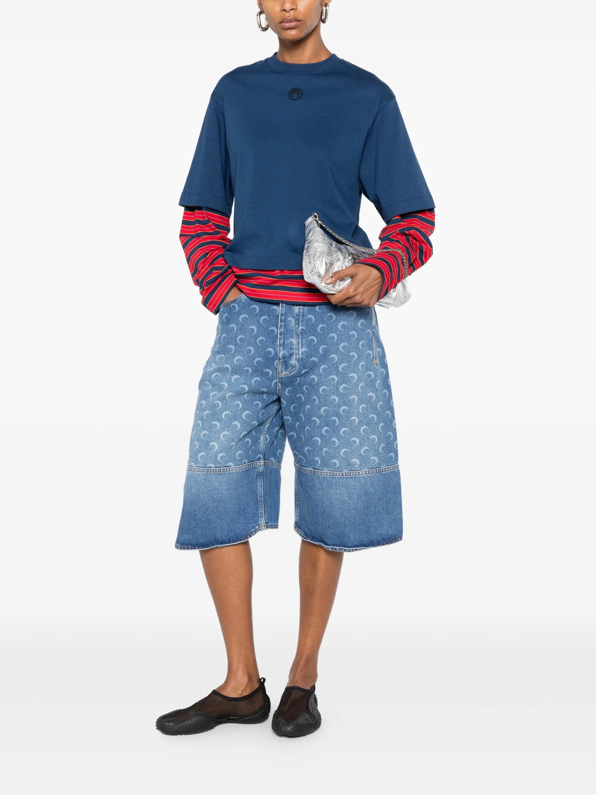 Marine Serre moon - print panelled denim shorts