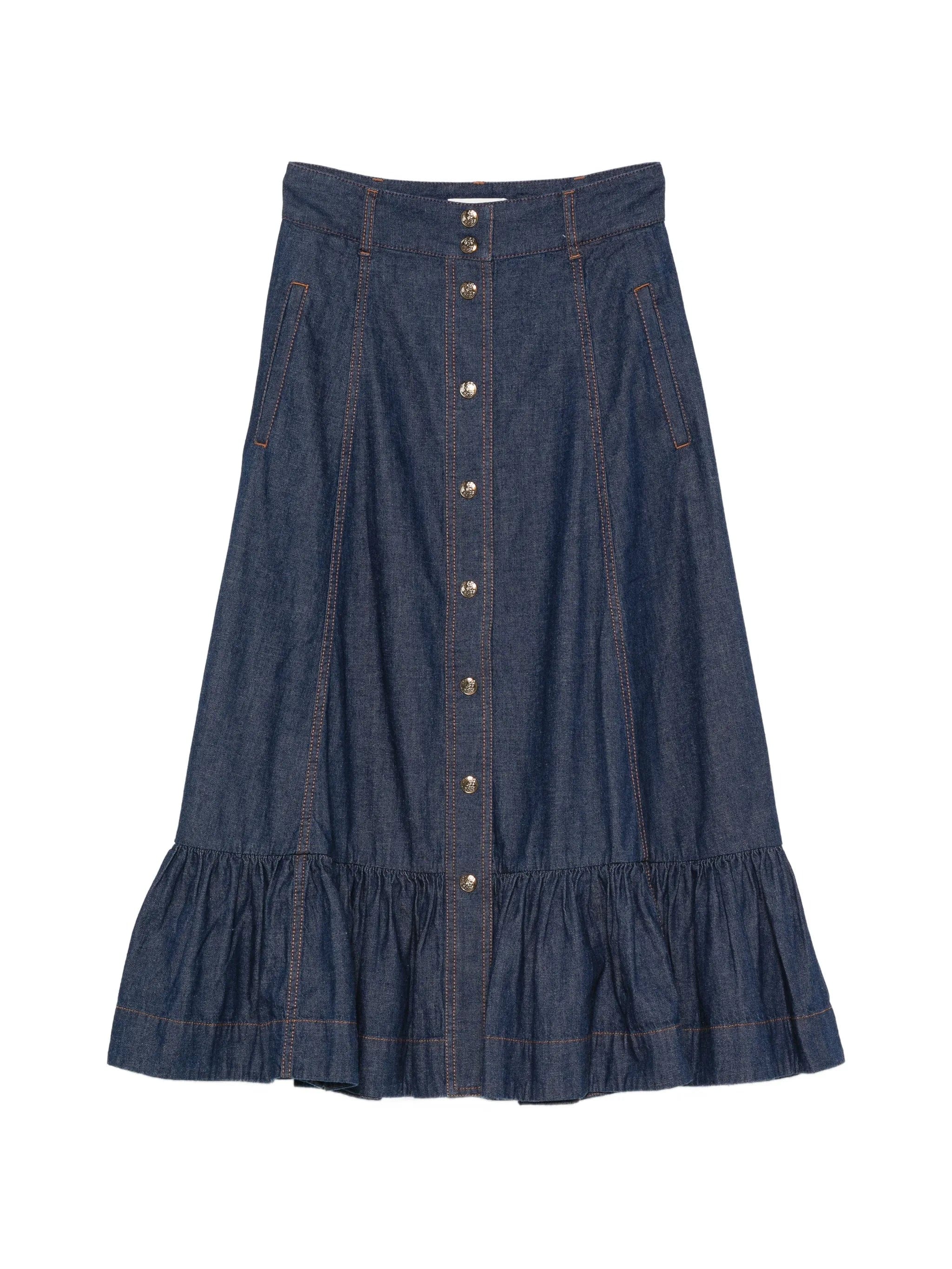 Zimmermann Aster ruffled denim maxi skirt