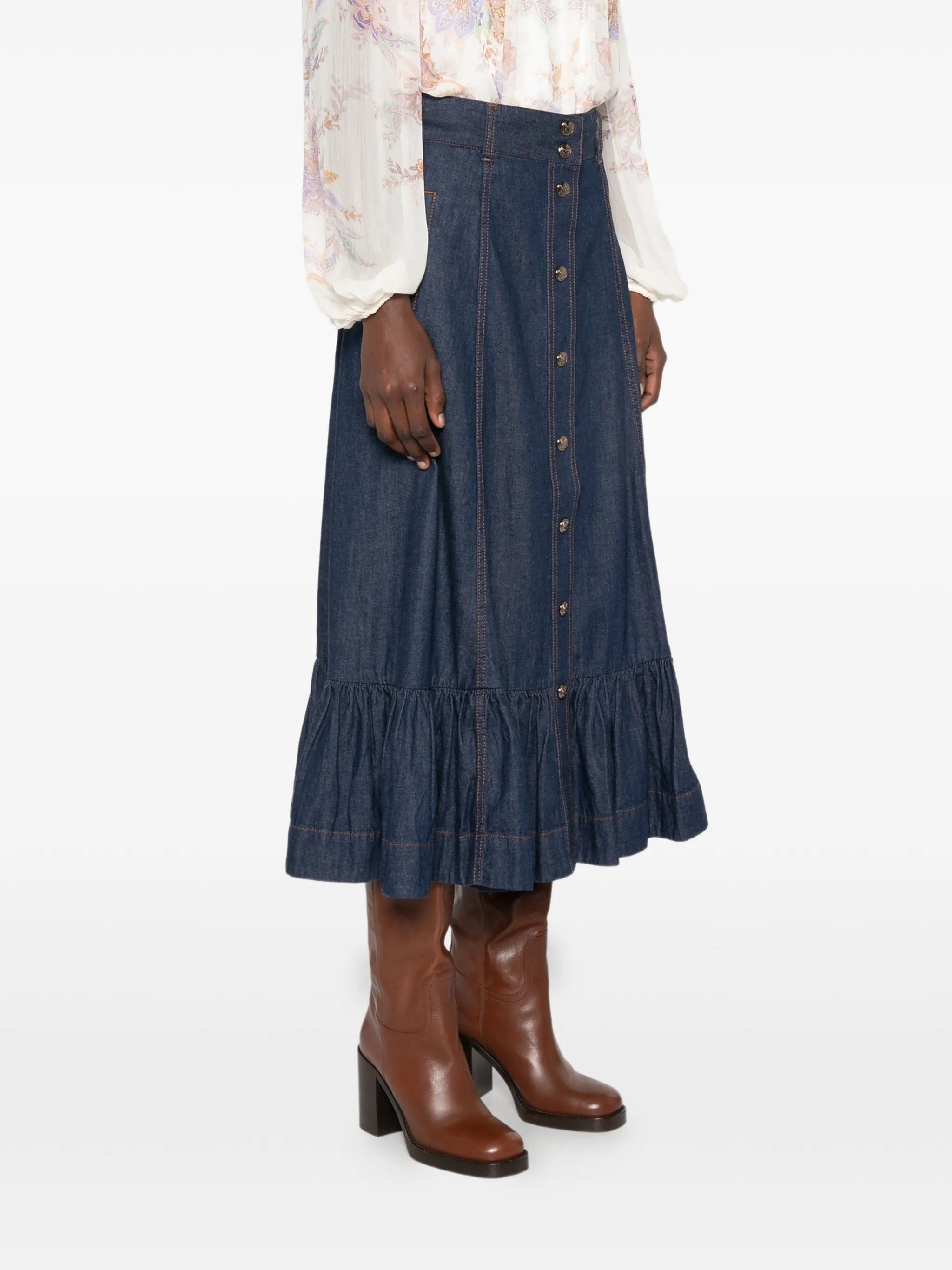 Zimmermann Aster ruffled denim maxi skirt
