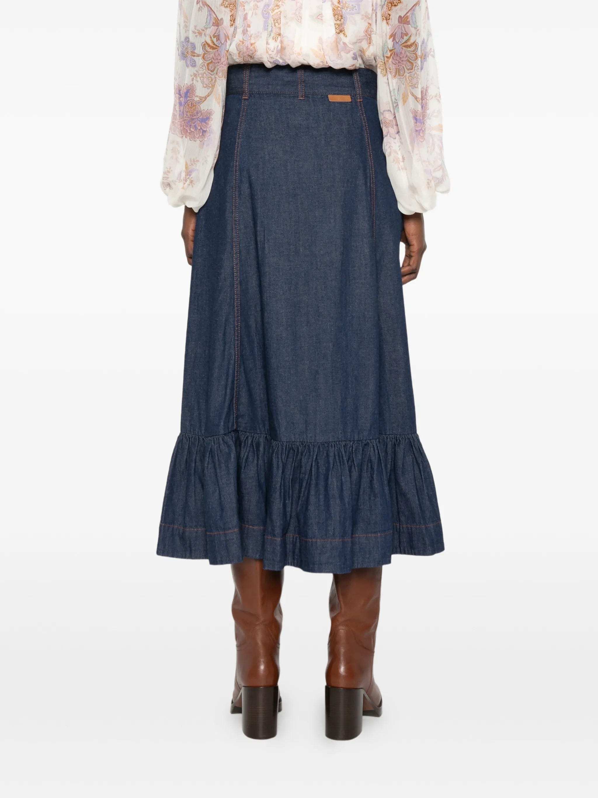 Zimmermann Aster ruffled denim maxi skirt