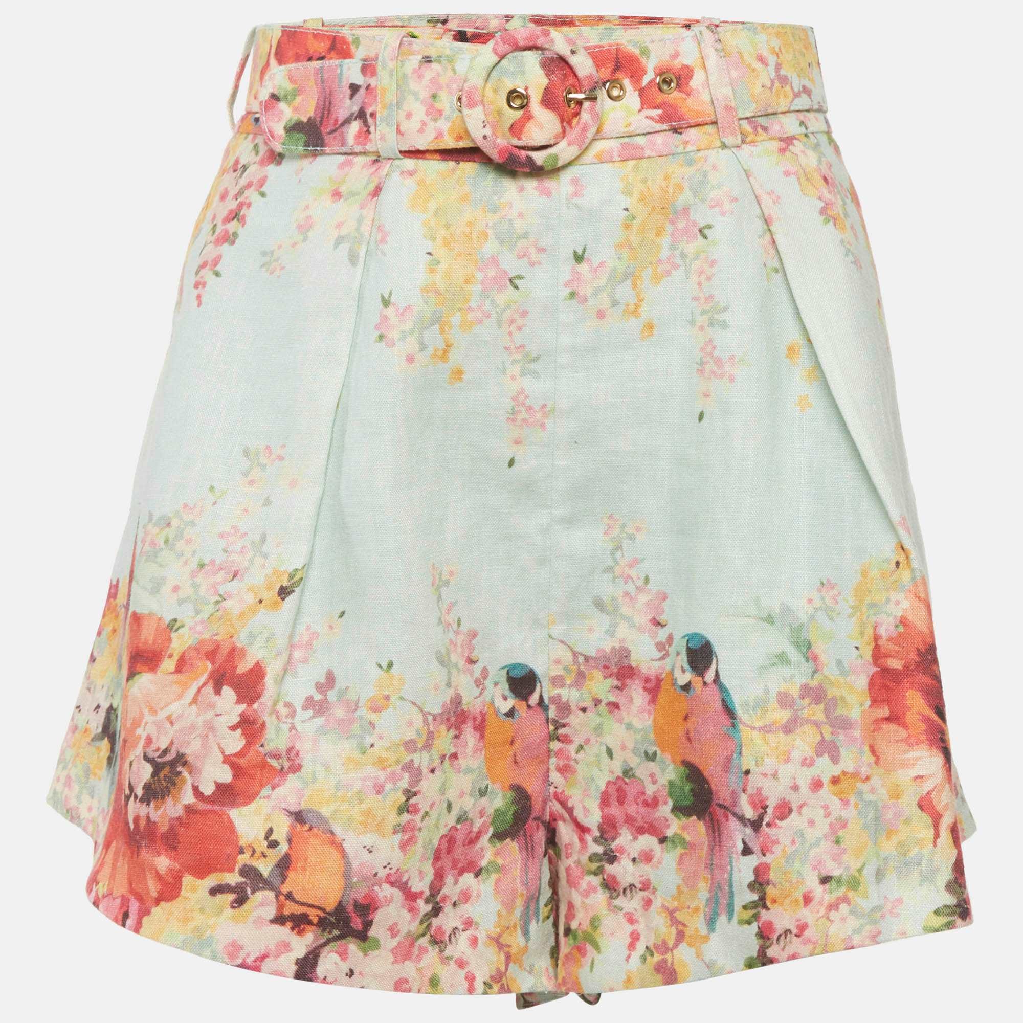 Zimmermann Blue Floral Print Linen Belted Shorts