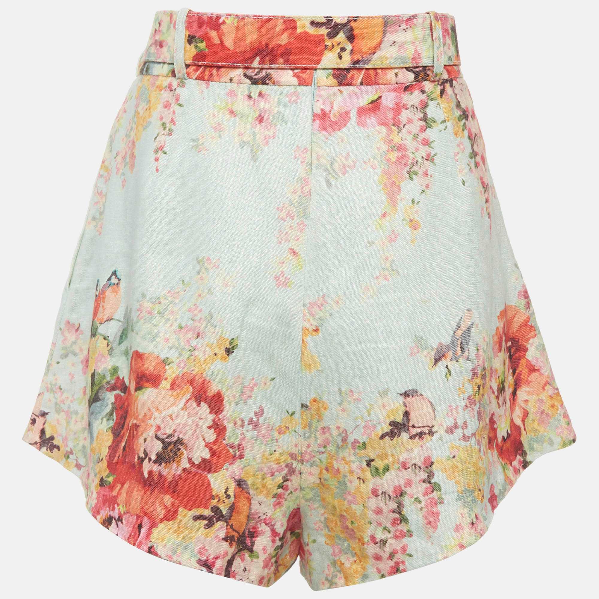 Zimmermann Blue Floral Print Linen Belted Shorts