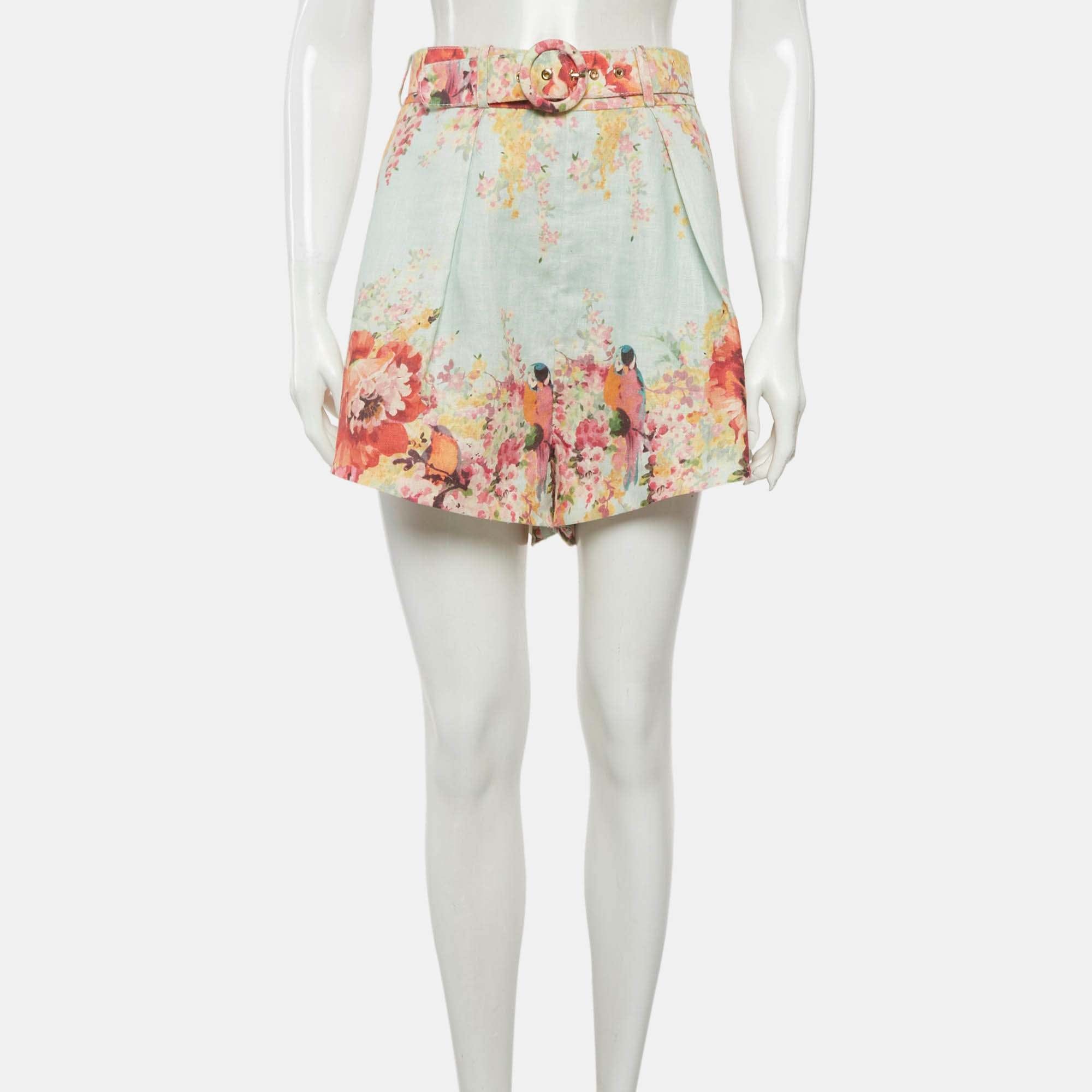 Zimmermann Blue Floral Print Linen Belted Shorts