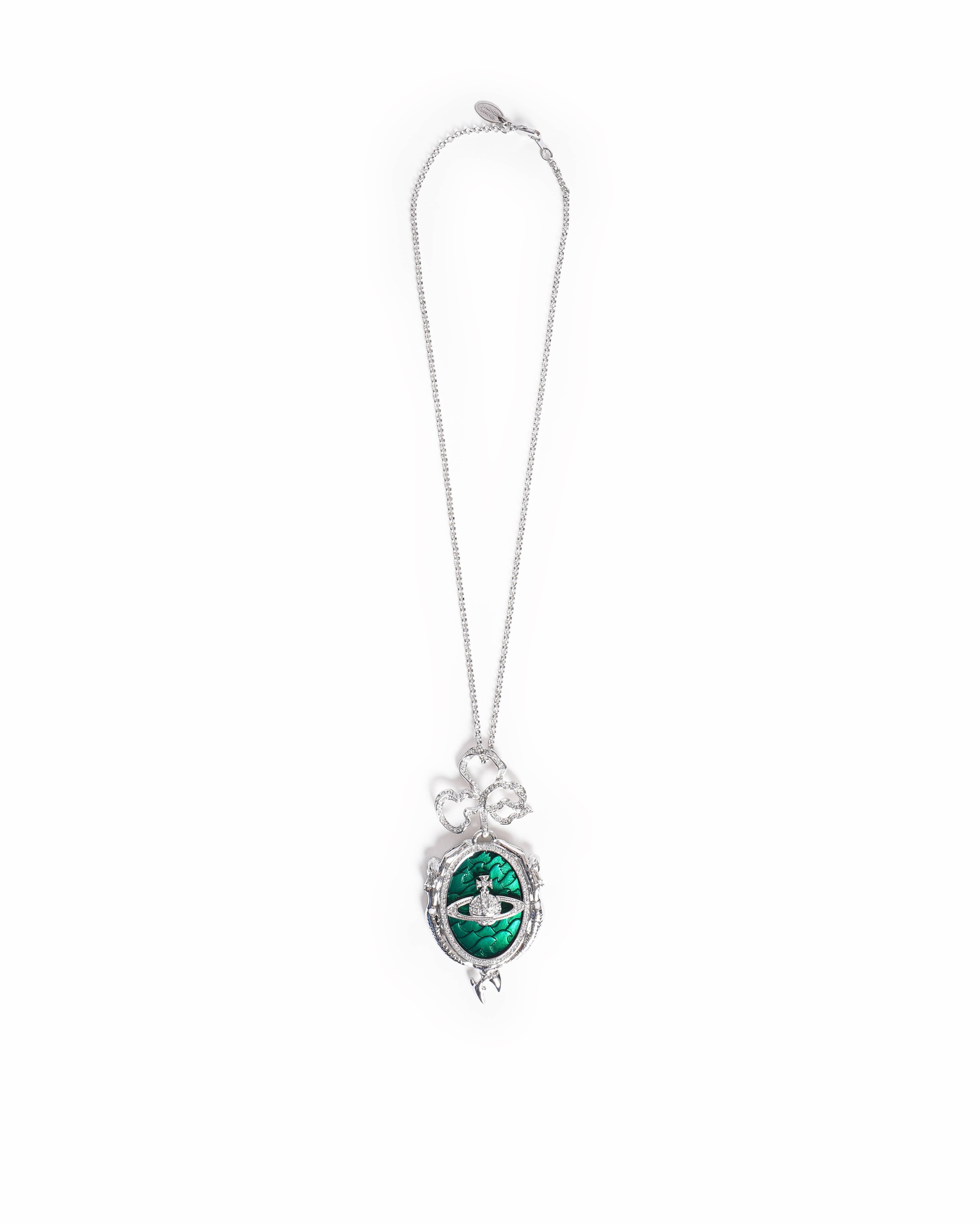 Vivienne Westwood Silver and Green Enamel Mermaid Orb Locket Pendant Necklace
