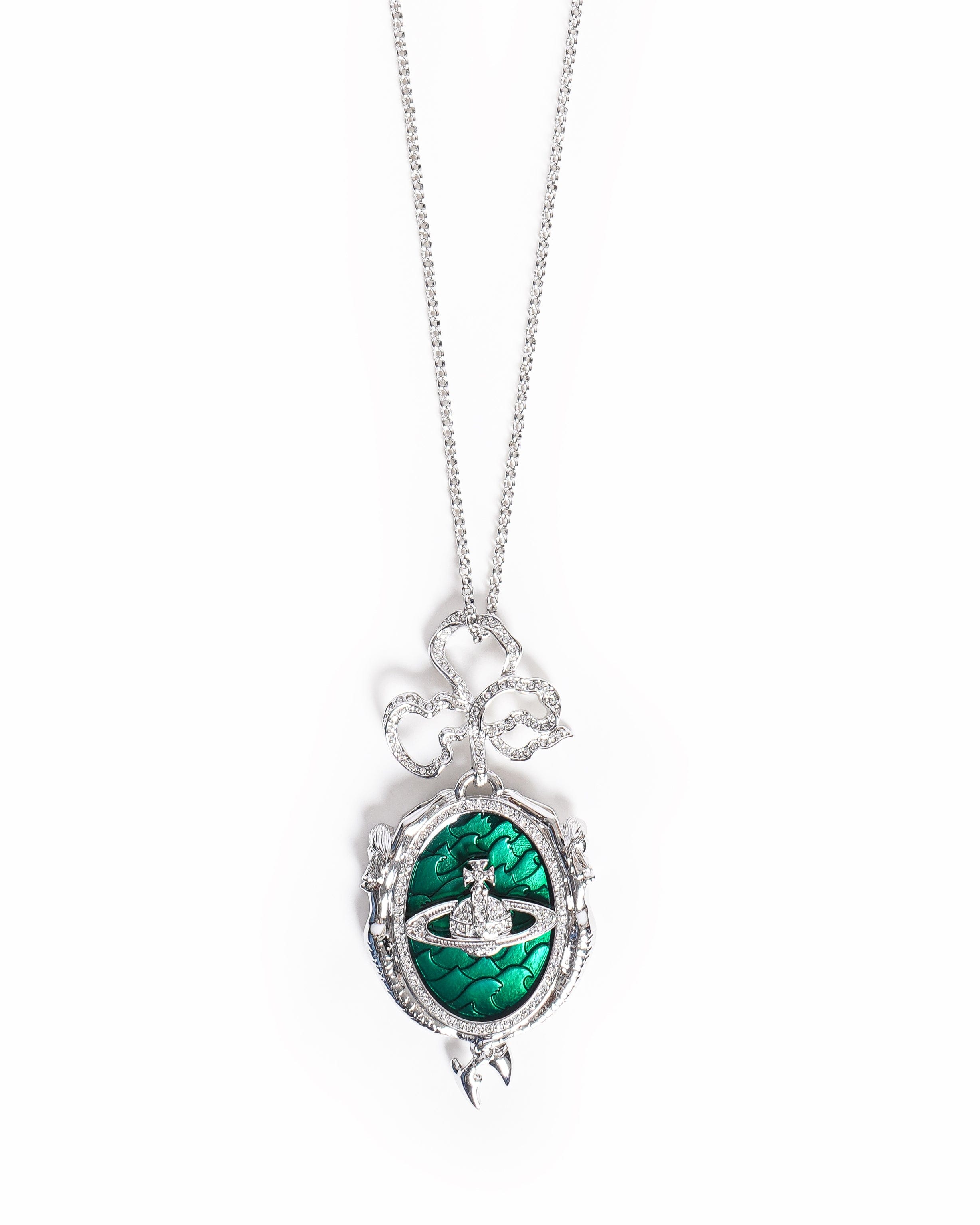 Vivienne Westwood Silver and Green Enamel Mermaid Orb Locket Pendant Necklace
