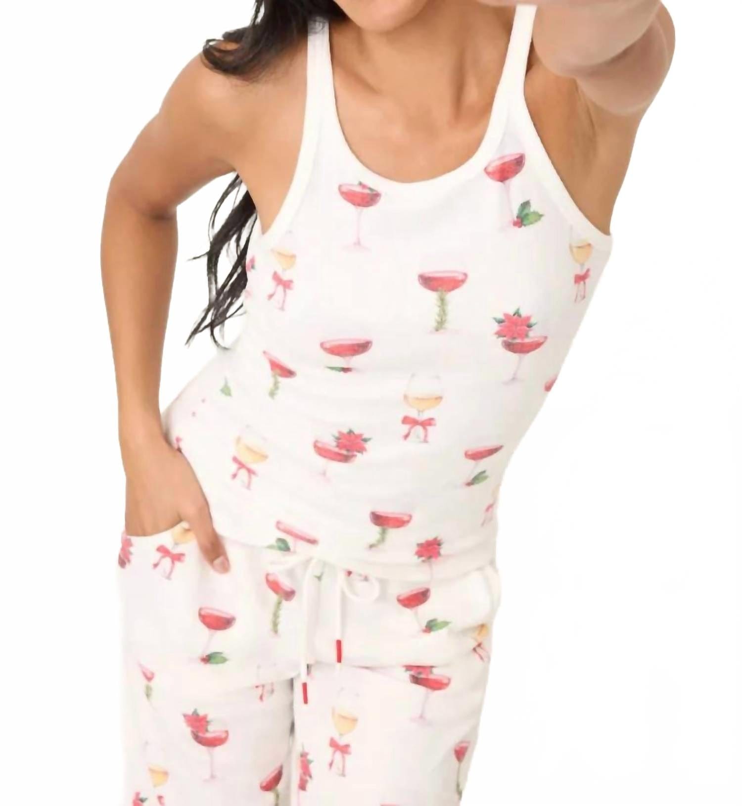 holiday Let's Get Toasty Holiday Wine Print Tank Top In Ivory