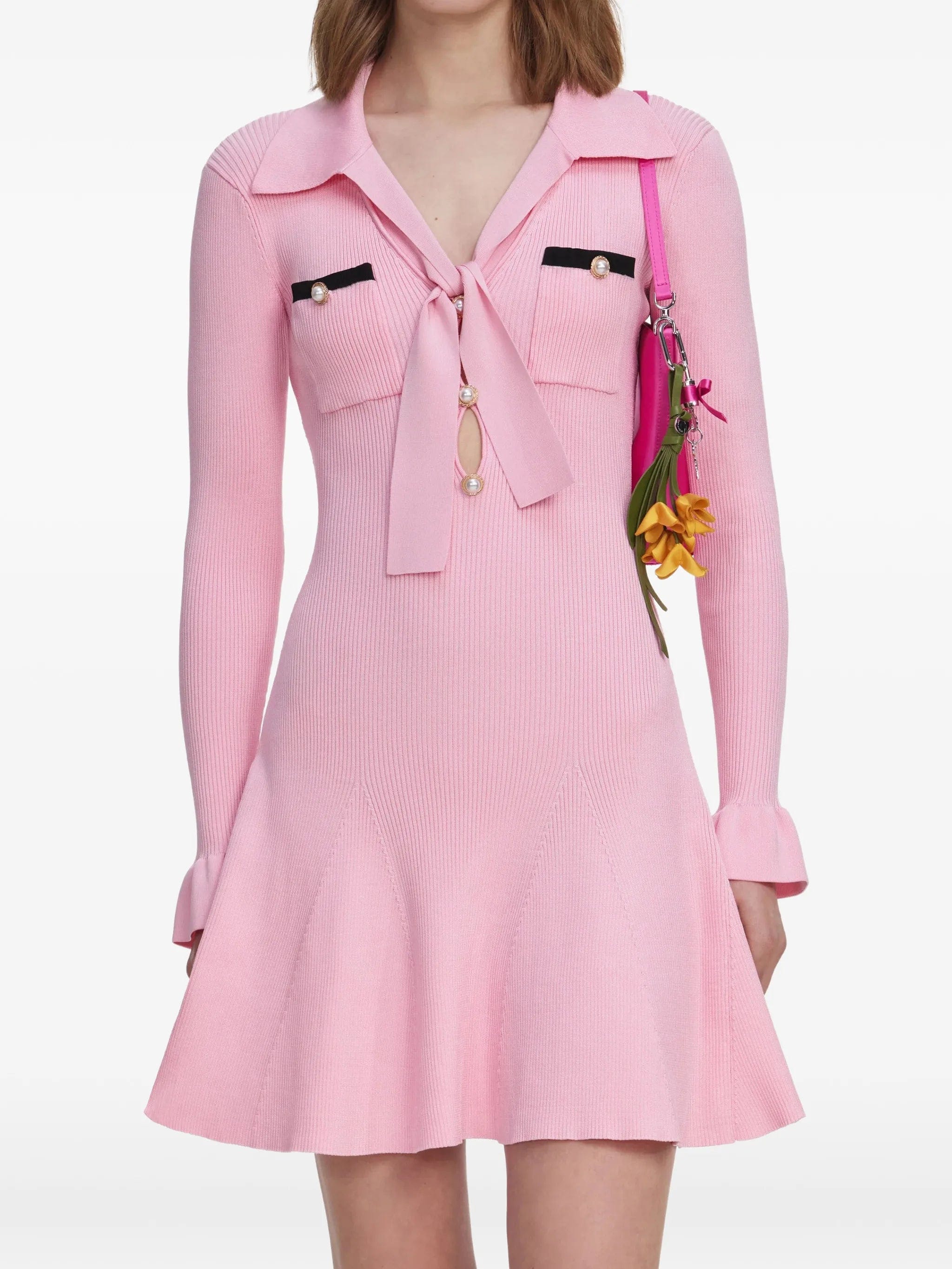 Self-Portrait pearl - button bow - detail mini dress