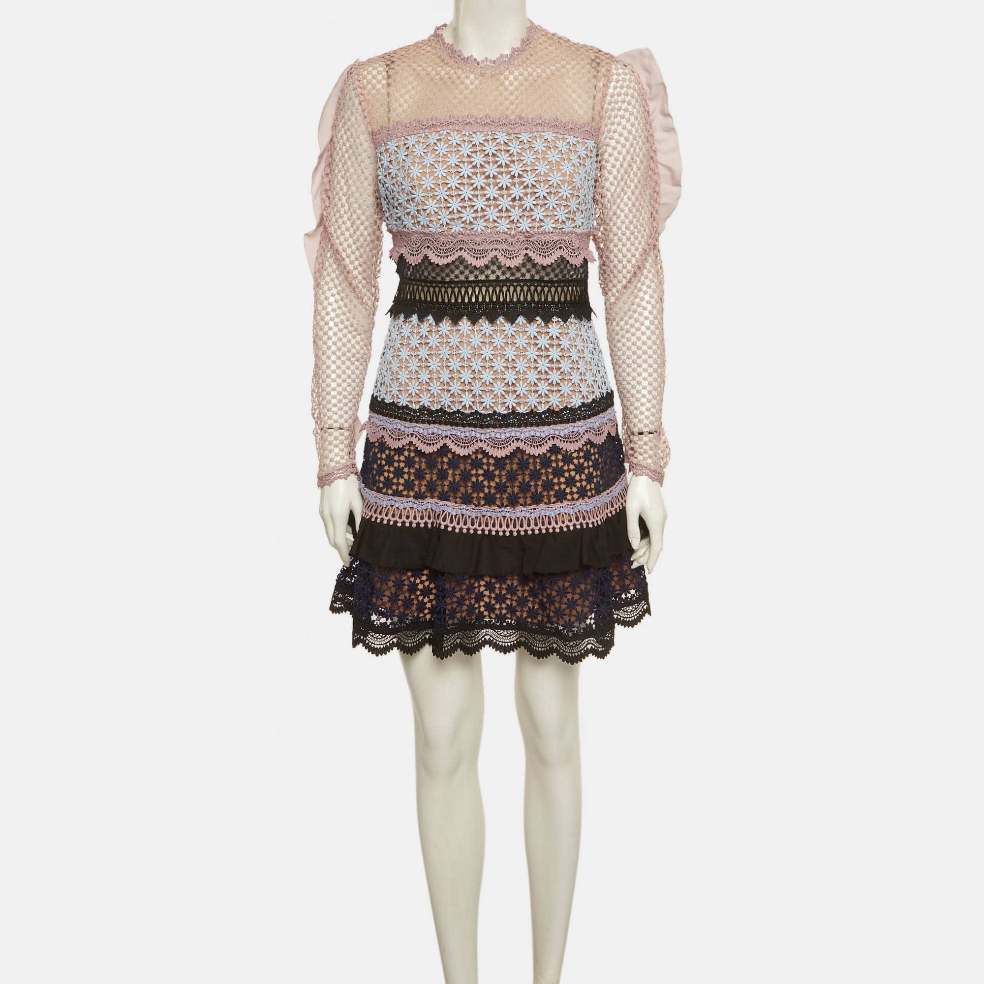 Self - Portrait Multicolor Guipure Lace Ruffled Bellis Dress
