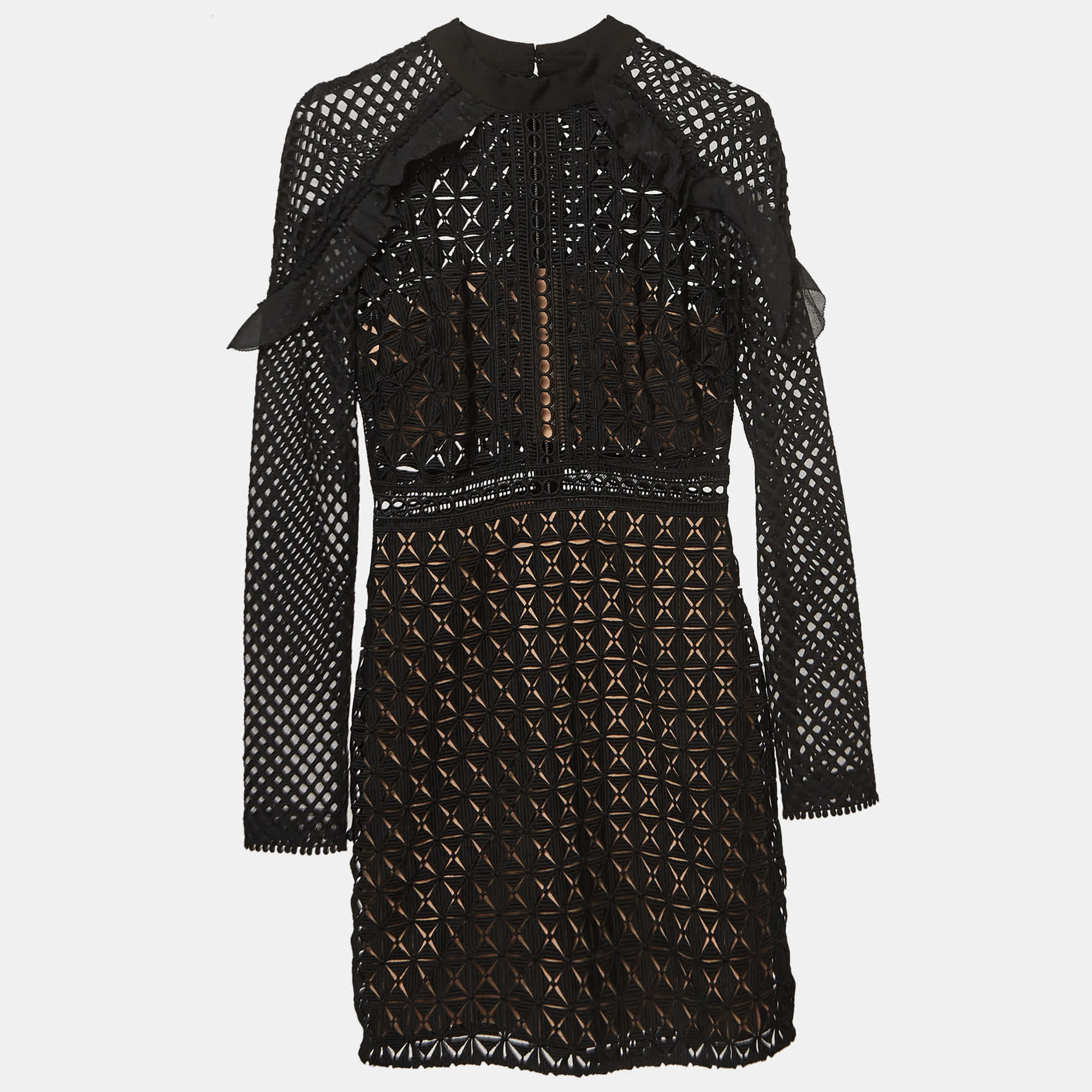 Self - Portrait Black Geometric Pattern Lace Ruffled Mini Dress