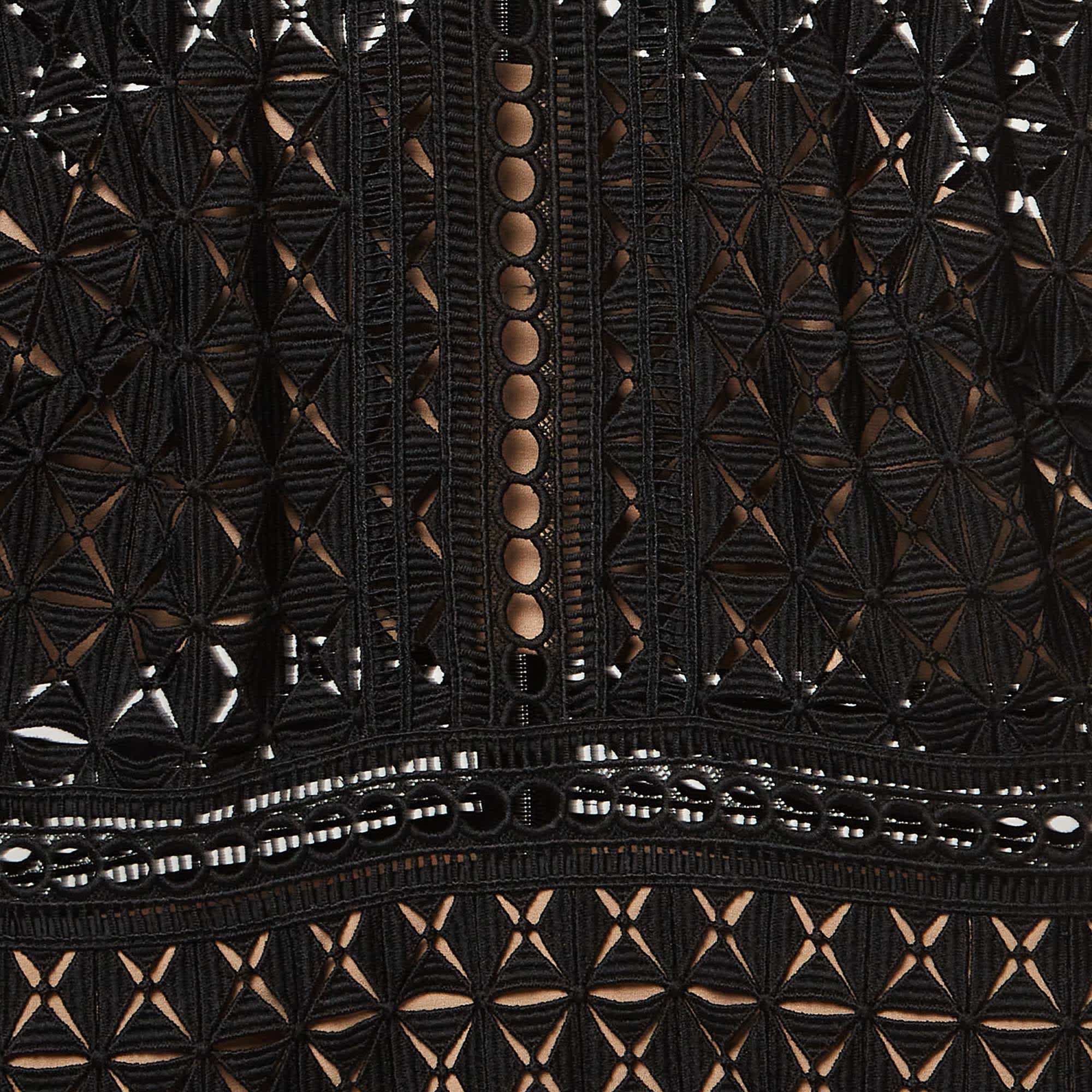 Self - Portrait Black Geometric Pattern Lace Ruffled Mini Dress