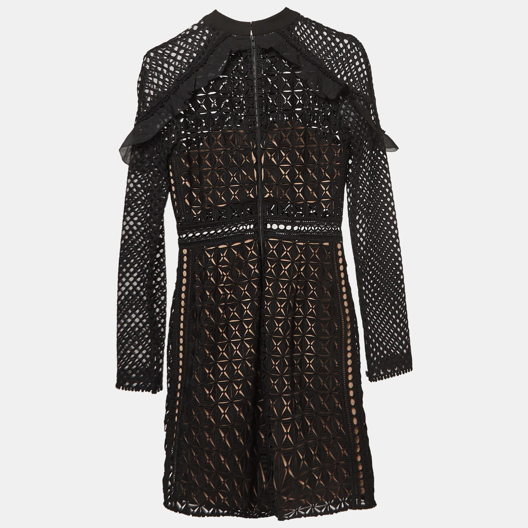 Self - Portrait Black Geometric Pattern Lace Ruffled Mini Dress