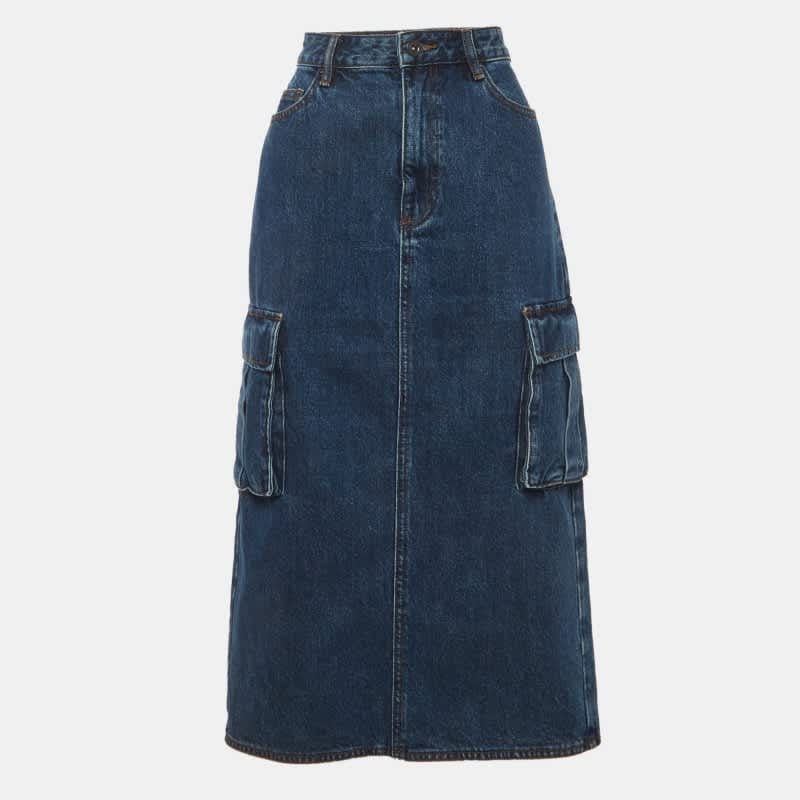 Self - Portrait Blue Denim Cargo Midi Skirt